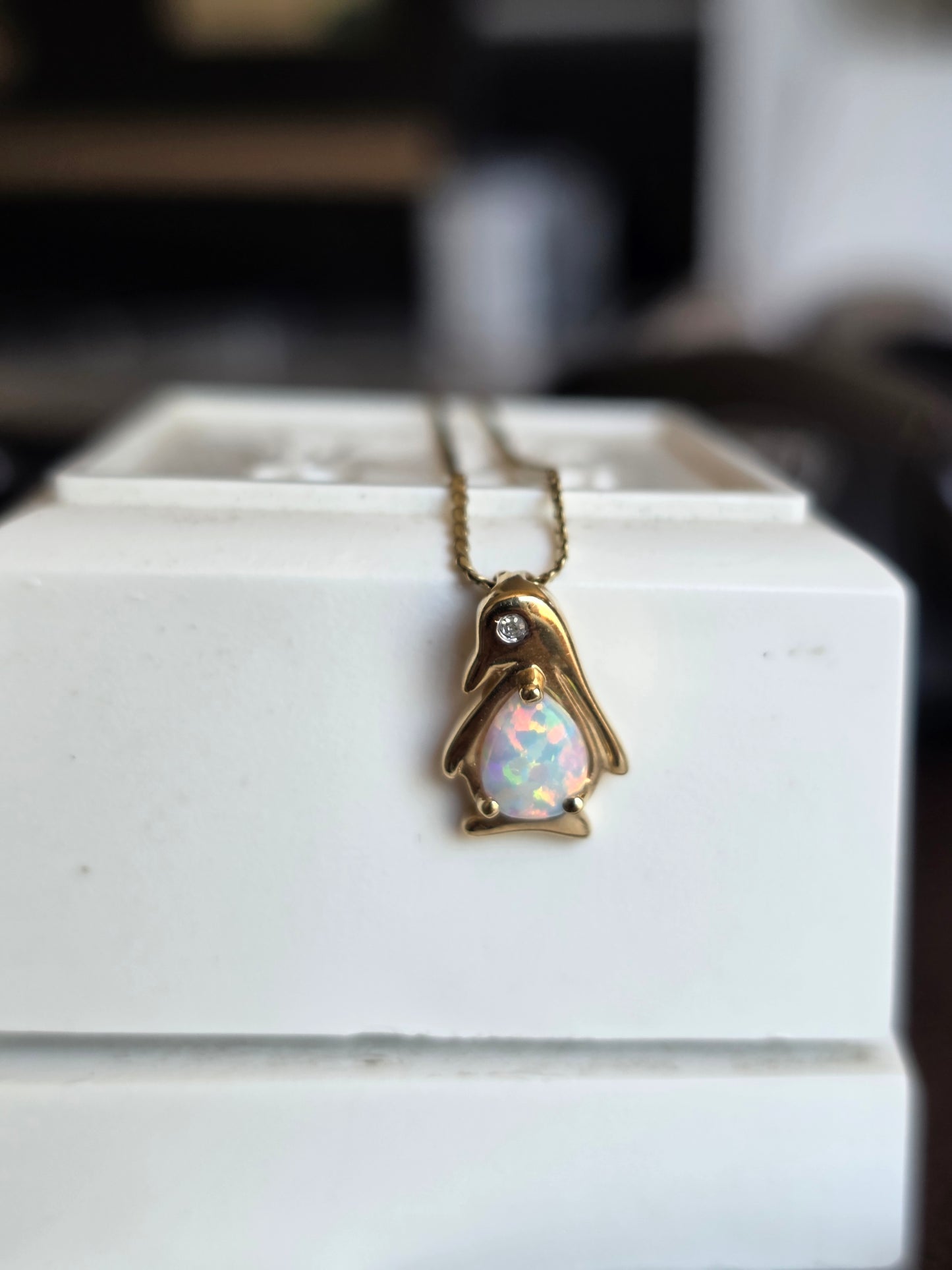 Adorable 10k Gold Opal and Diamond Penguin Pendant (NO CHAIN)