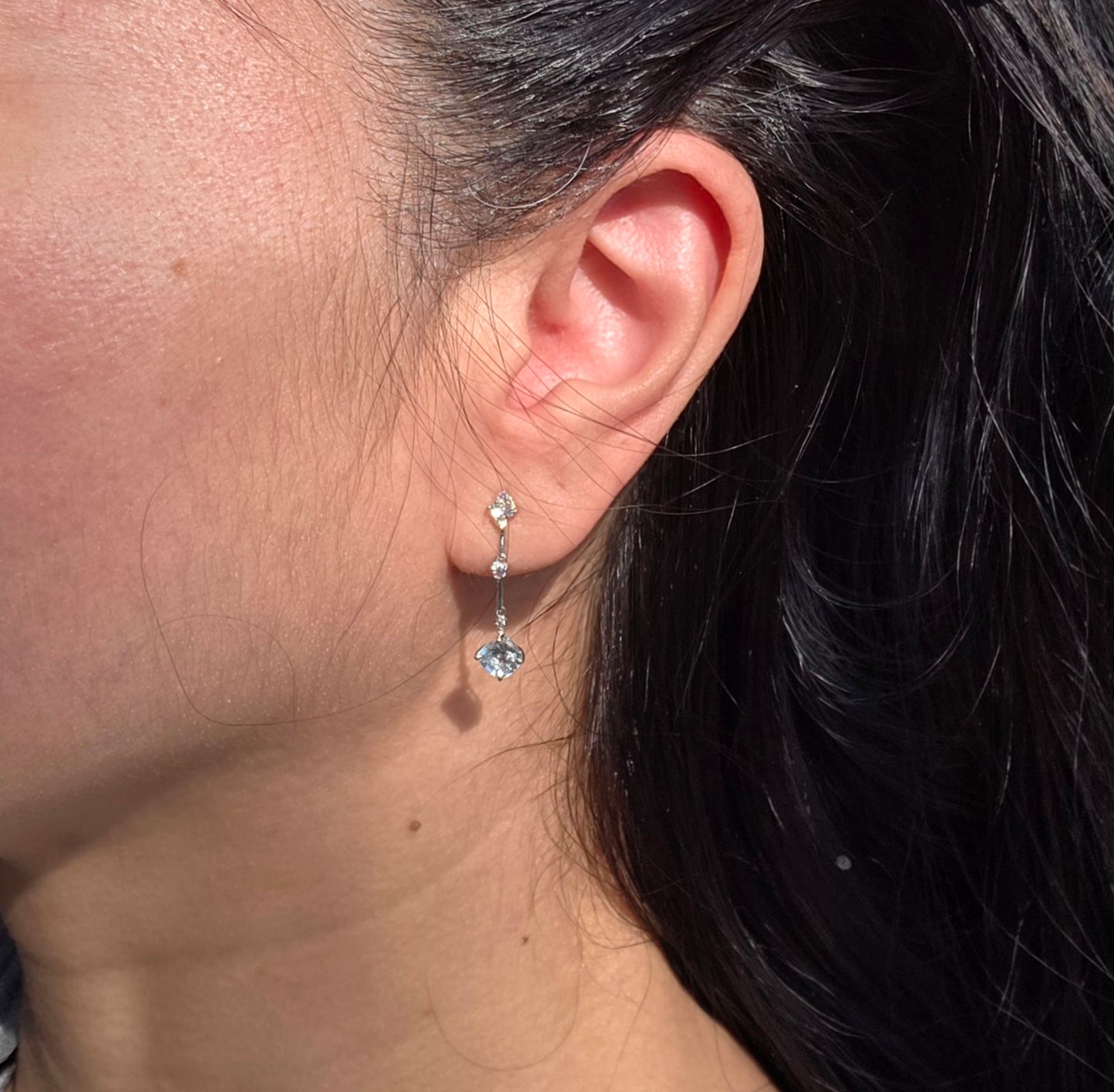 Elegant 14k White Gold Aquamarine & White Topaz Drop Dangle Earrings | March Birthstone