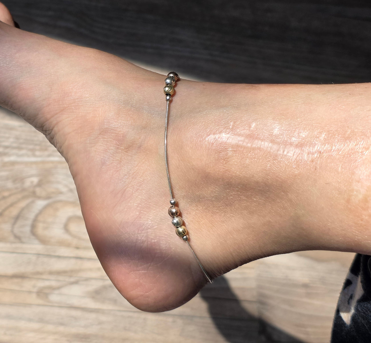 Italian Sterling Silver Snake Chain With Textured Gold Plated Beads Anklet or Larger Bracelet 10"