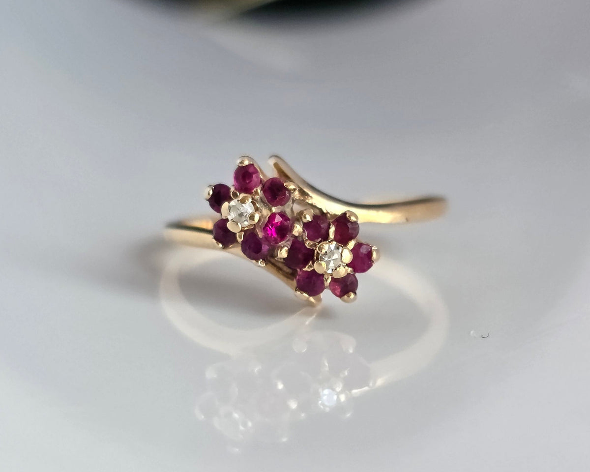10k Ruby And Diamond Flowers Bypass Statement Ring