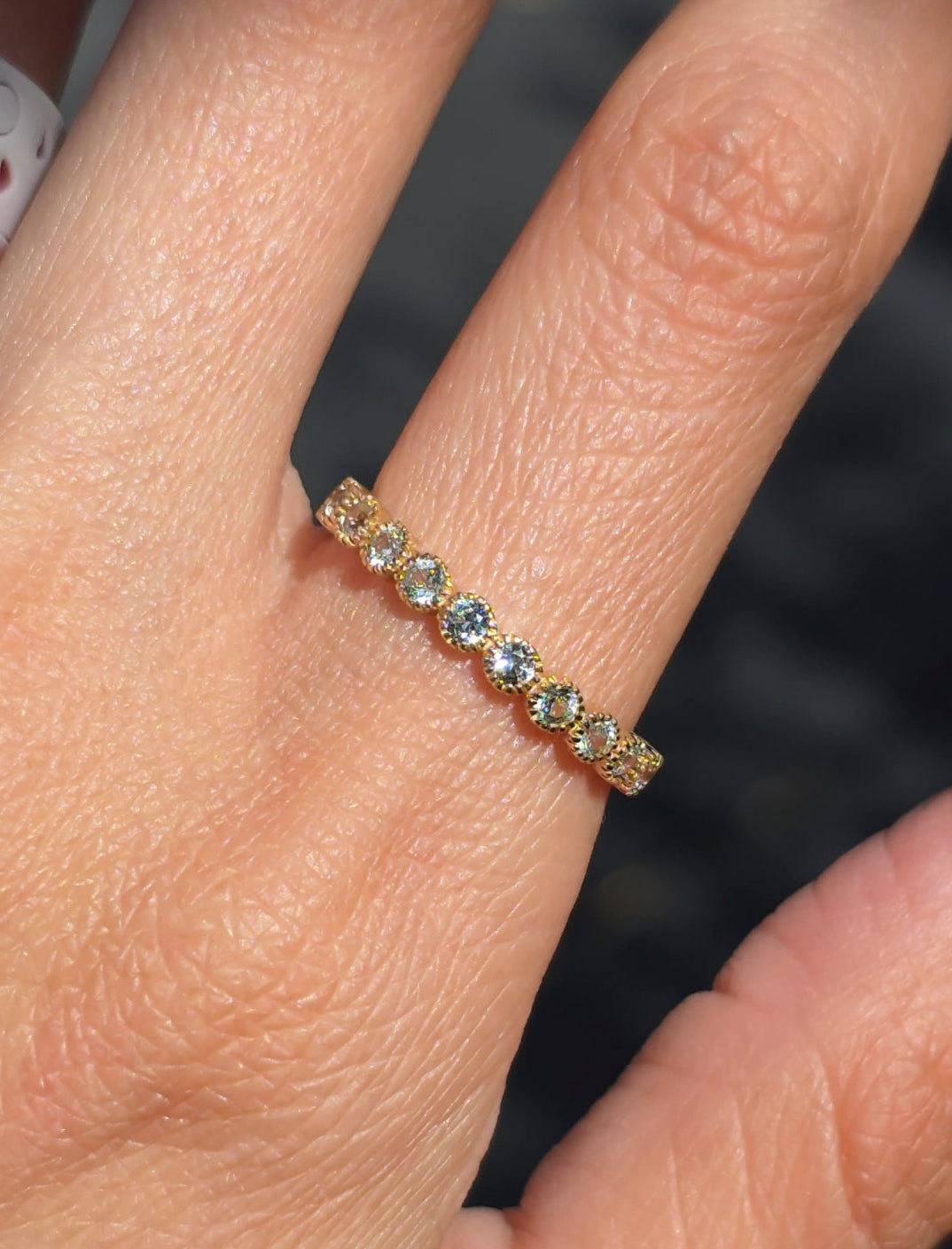 Gorgeous 14k Gold 1.10TCW Pale Blue Sapphire Bezel Set Full Eternity Band Ring Size 7