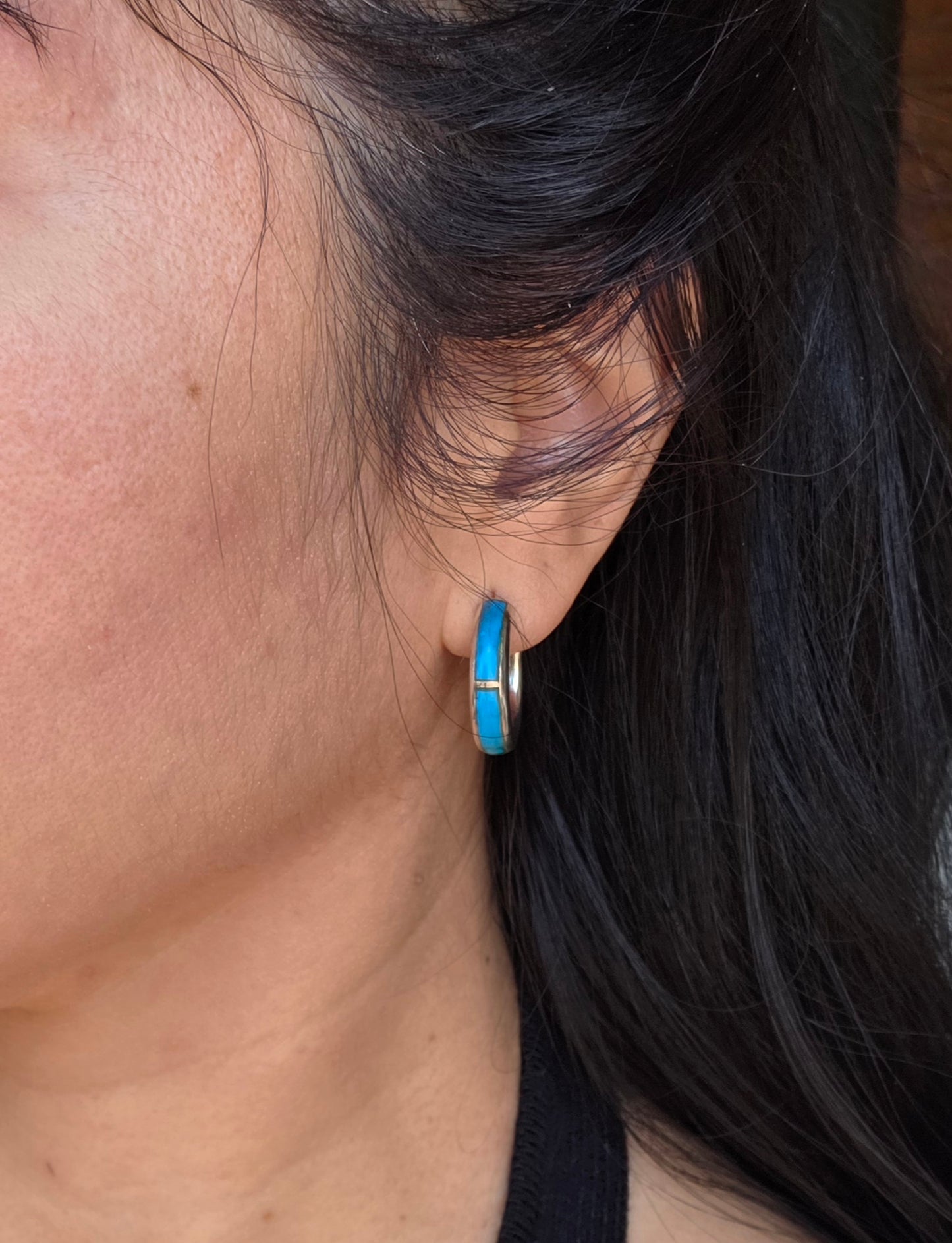 Awesome Turquoise Inlay Sterling Silver Solid Hoops Earrings