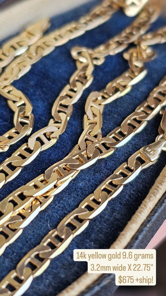 Solid 14k Gold Mariner Flat Link Chain 22.75"