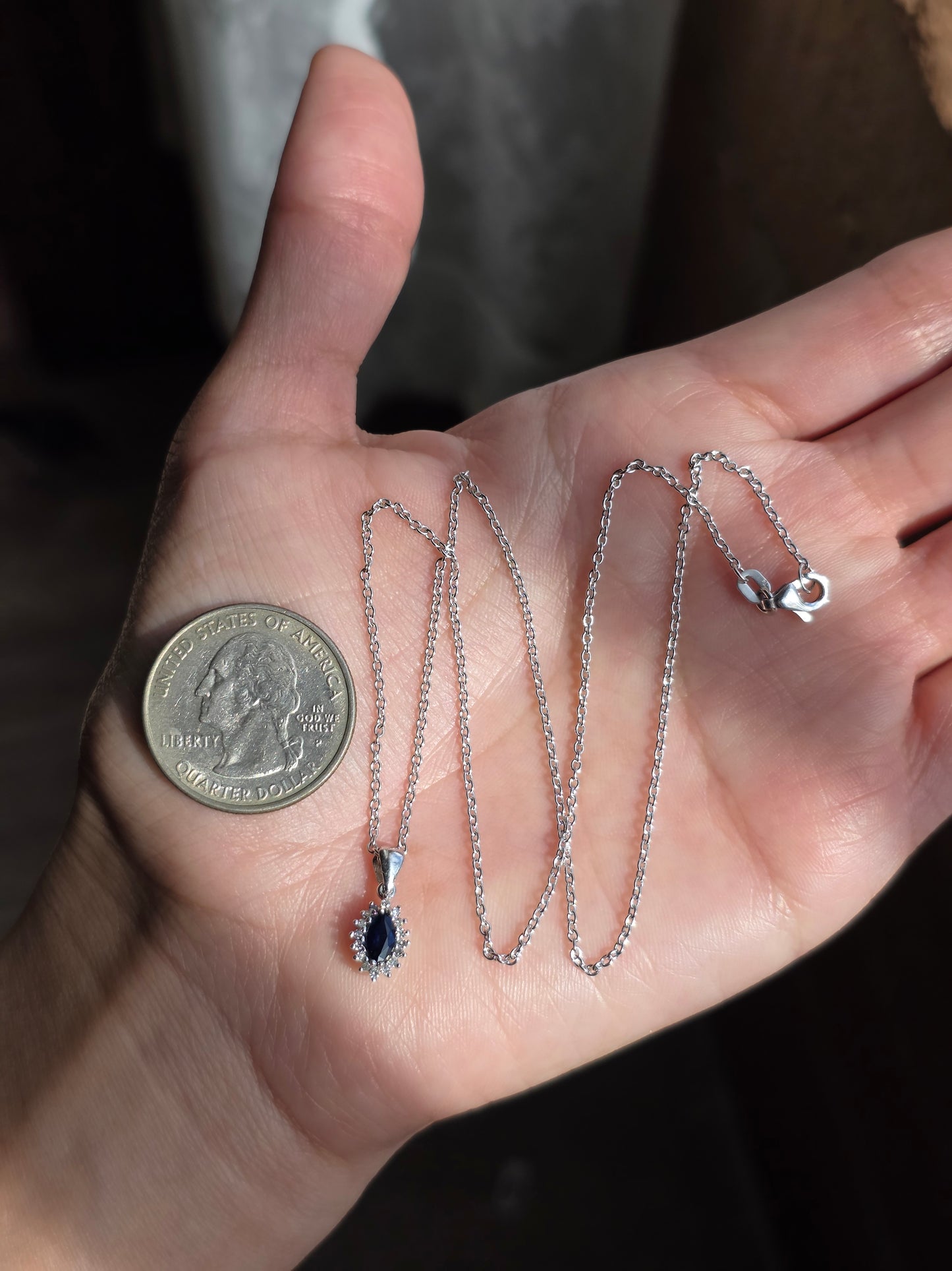 Beautiful Dainty White Gold Sapphire Diamond Pendant With Solid White Gold Cable Link Chain 16" 14k/10k