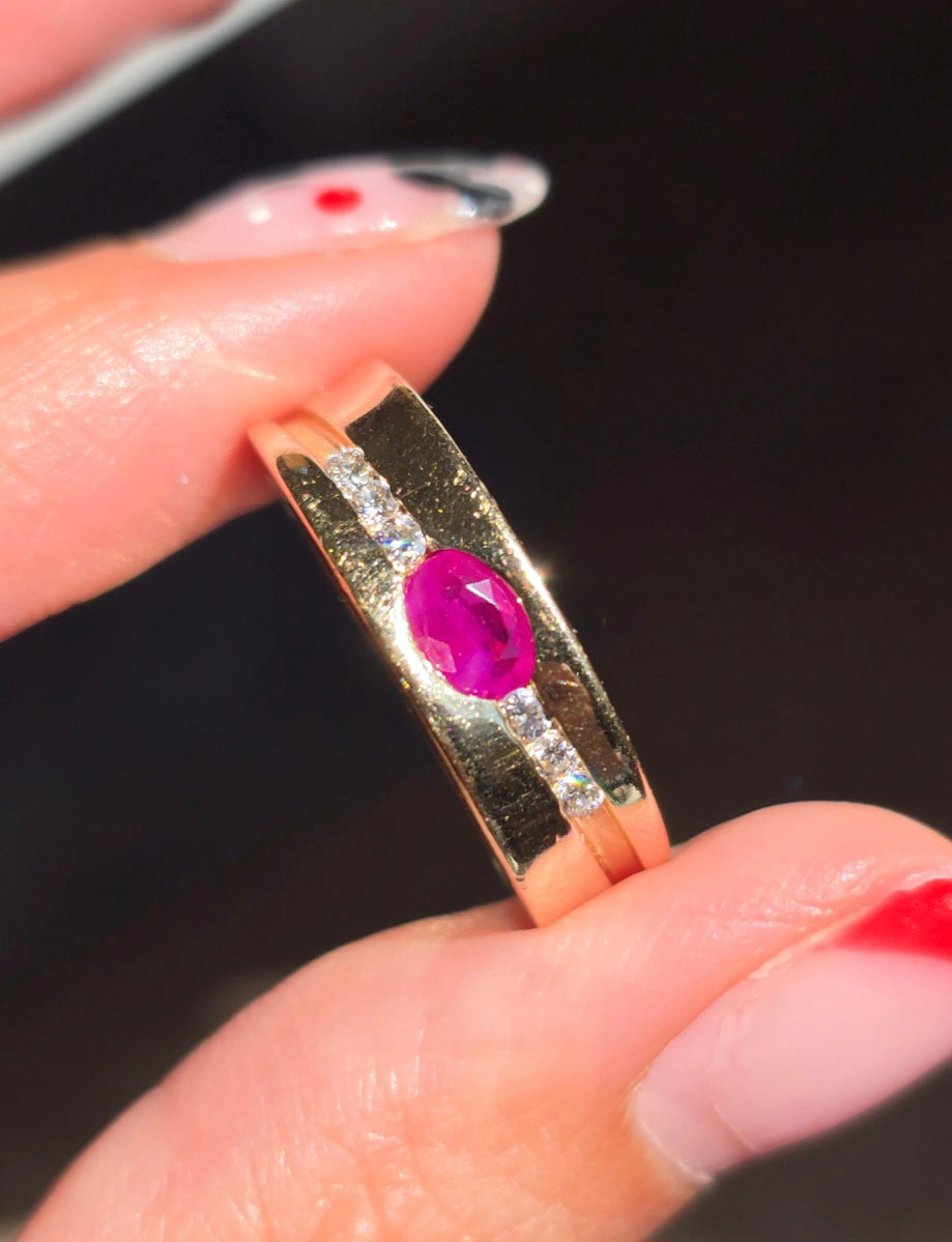 Gorgeous 14k Gold Flush Set Ruby and Diamond Statement Band Size 7