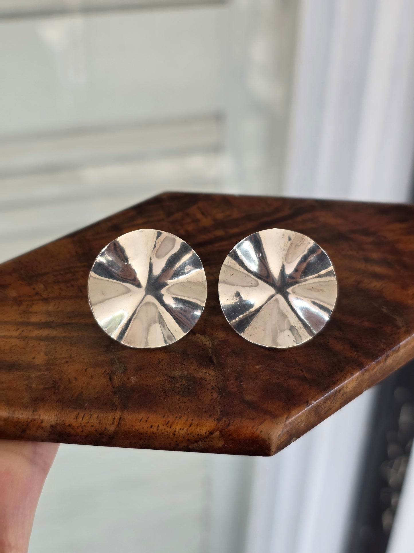 Sterling Silver Round Wavy Disc 24mm Wide Button Stud Statement Earrings