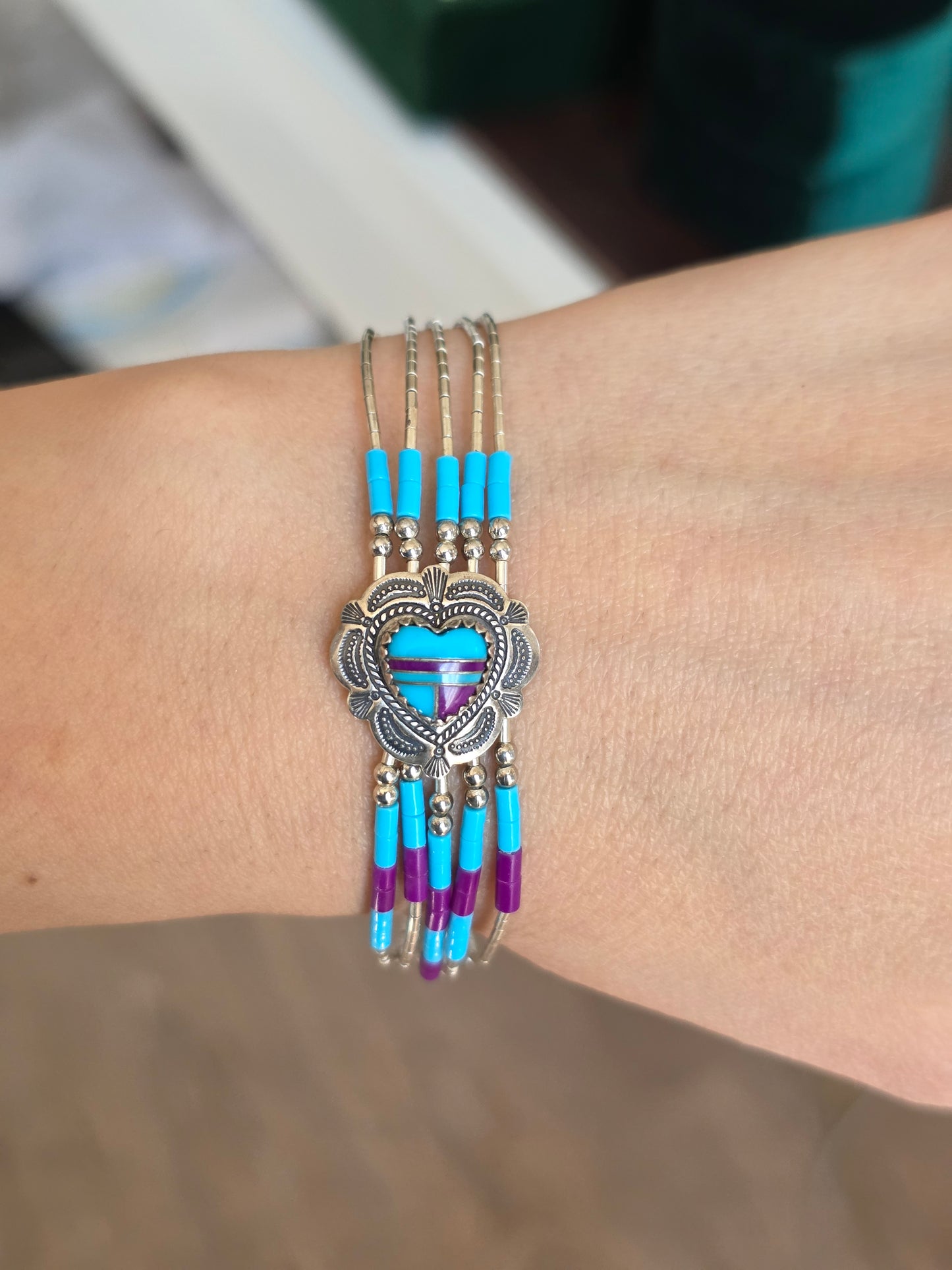 Southwestern Turquoise & Purple Heart Inlay Liquid Silver Multistrand Bracelet 7"