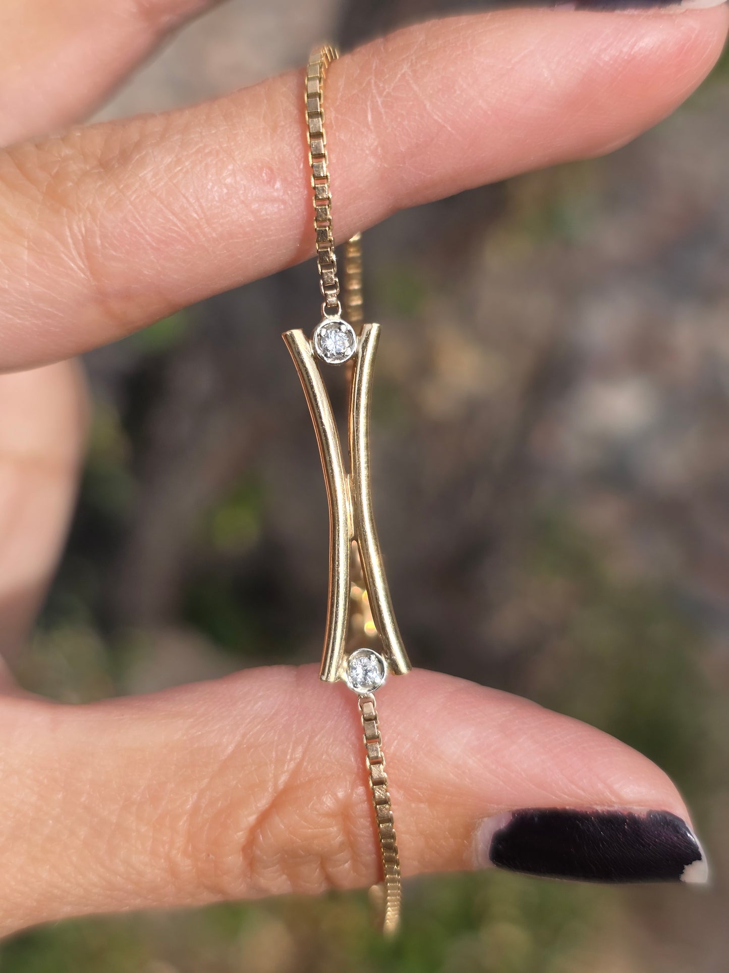 Lovely Italian Made 14k Gold Diamond Accented Double  Curved Bar Box Link Bracelet 6.5"