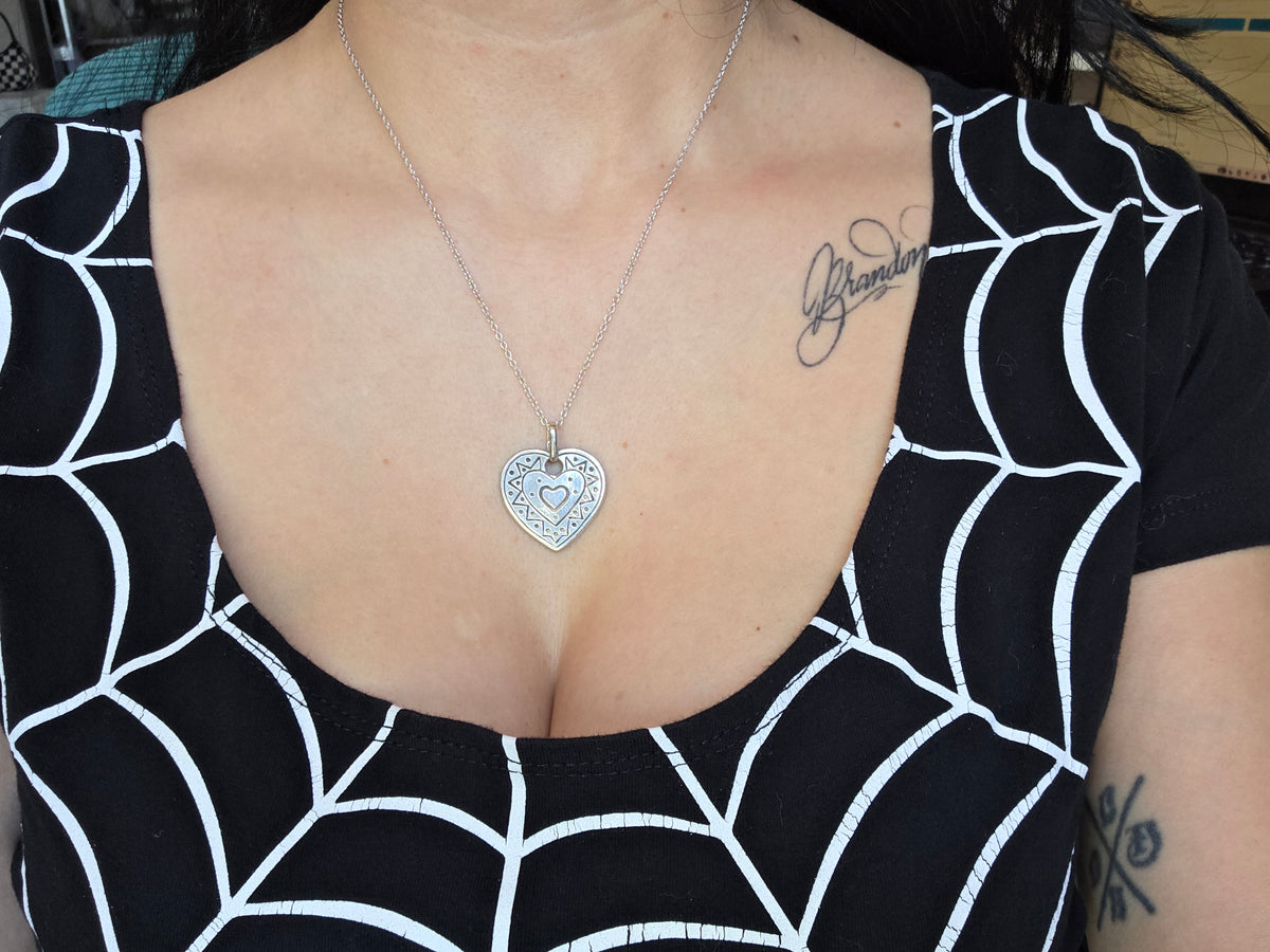Solid Sterling Silver ZigZag Sunburst Double Sided Heart Pendant (NO CHAIN)