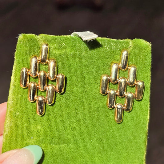 Awesome Italian 14k Gold Panther Link Diamond Shaped Dangle Statement Earrings
