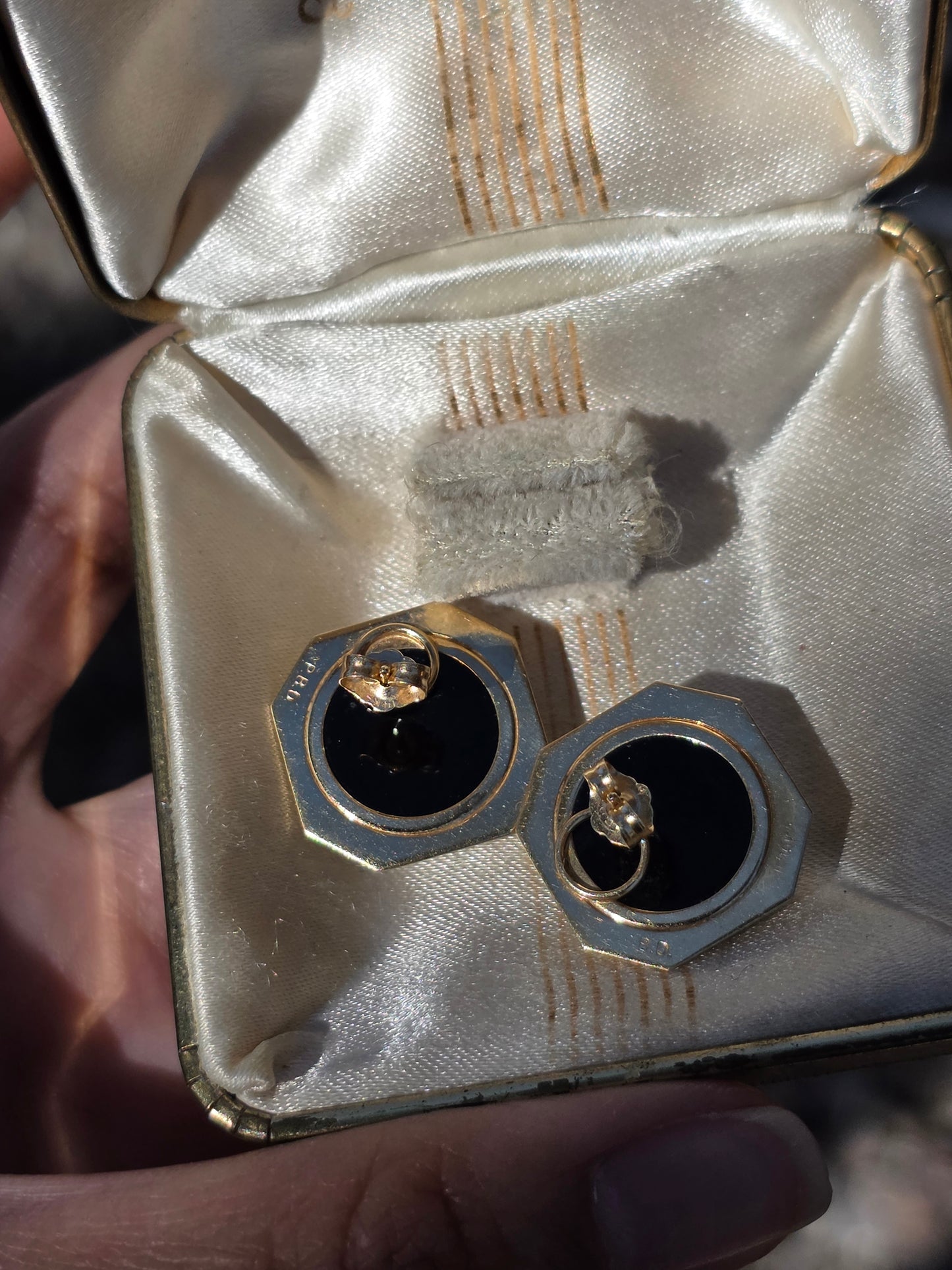 Geometric 14k Gold Onyx Cabochon Statement Button Earrings