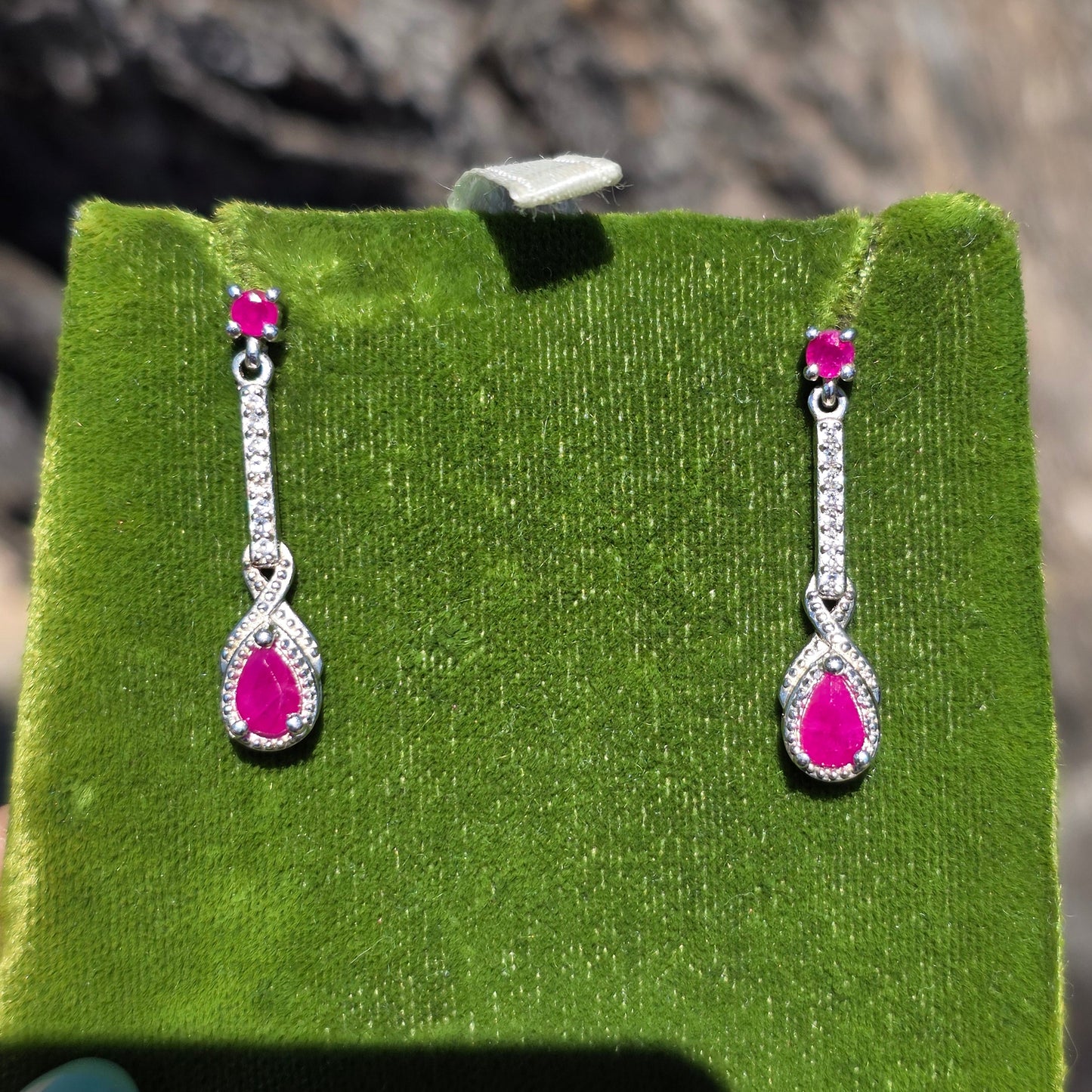 Pretty Sterling Silver .74TCW Ruby and White Topaz Drop Dangle Earrings