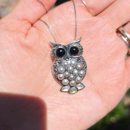 Awesome Solid Sterling Silver Large 1.3" Onyx Pearl Marcasite and Mother of Pearl Inlay Owl Pendant (NO CHAIN)