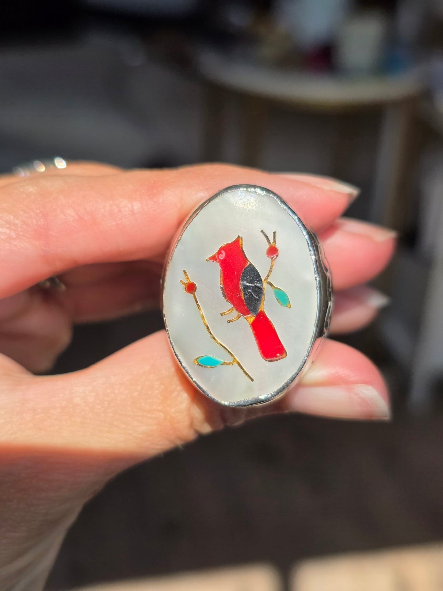 Amazing Solid Sterling Silver Heavy 1 OZ+ Gemstone Inlay Southwestern Style Bird Oval Signet Statement Ring Size 10.5