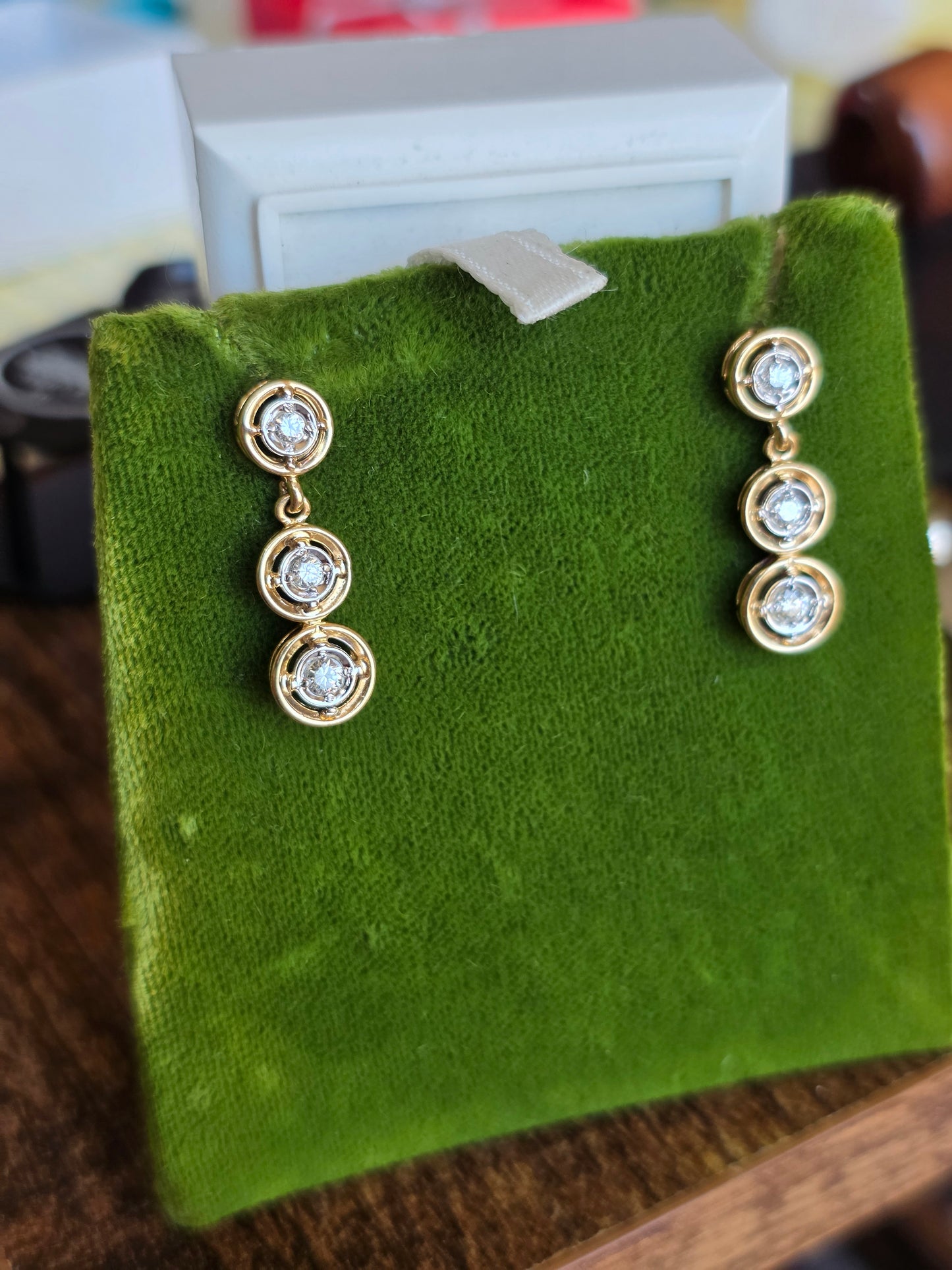 Vintage Inspired 14k Graduated Three Tier Circle Bezel Diamond Drop Dangle Earrings