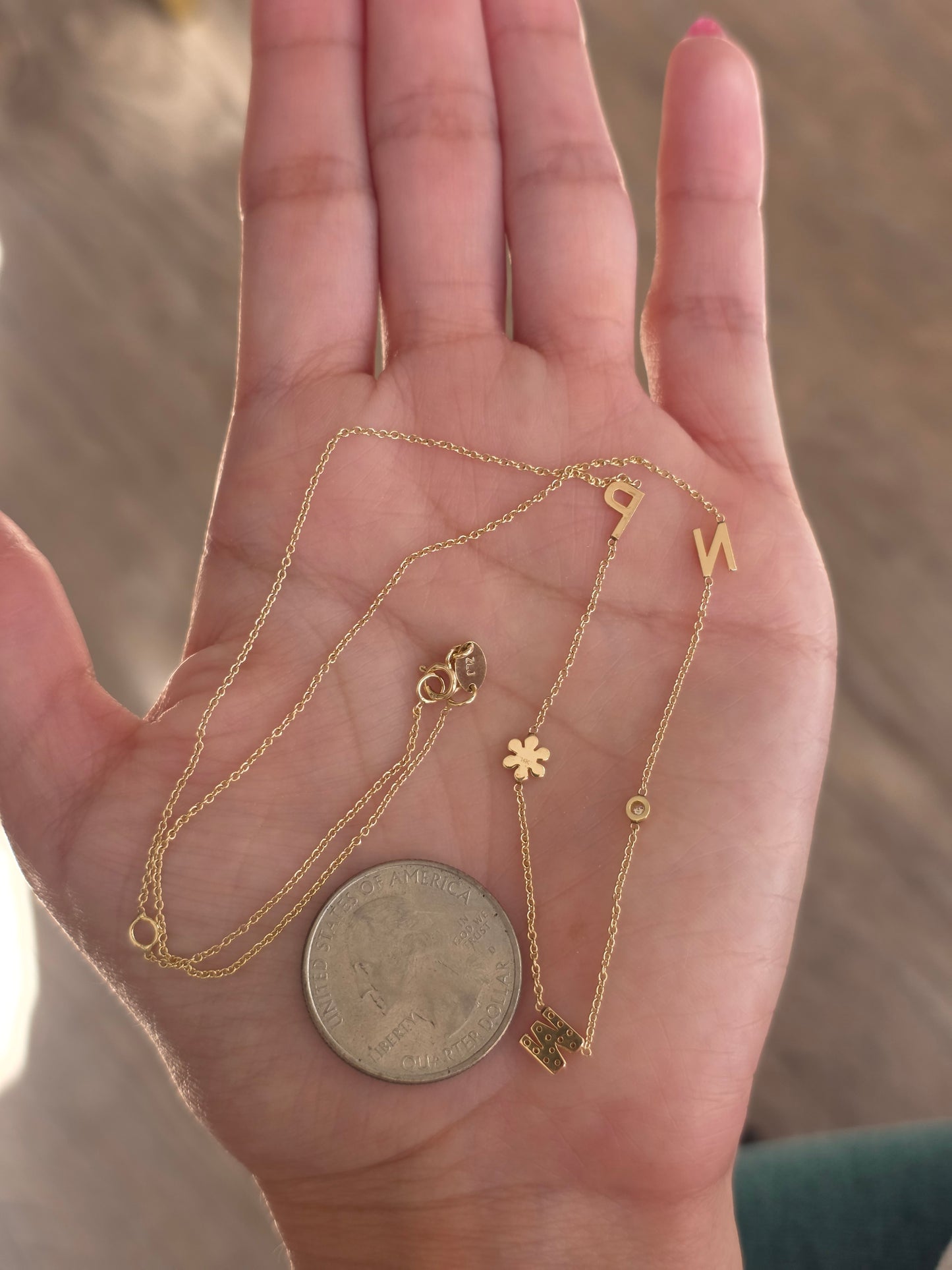 Lovely 14k Gold "NMP" Initial Station Diamond Flower / Bezel Diamond Necklace 16"/18"