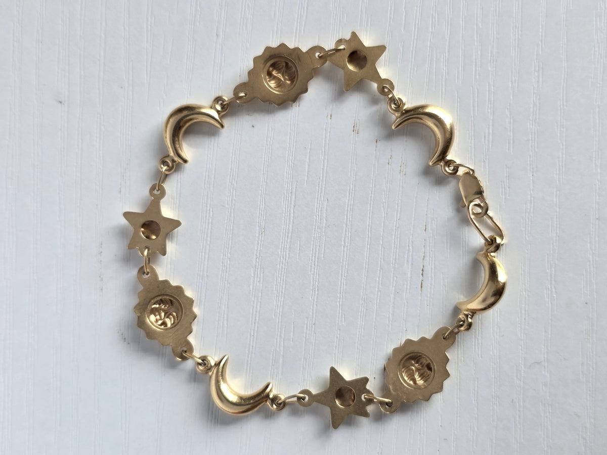 Beautiful 14k Gold Celestial Sun Star Puffy Moon Bracelet 6.75"