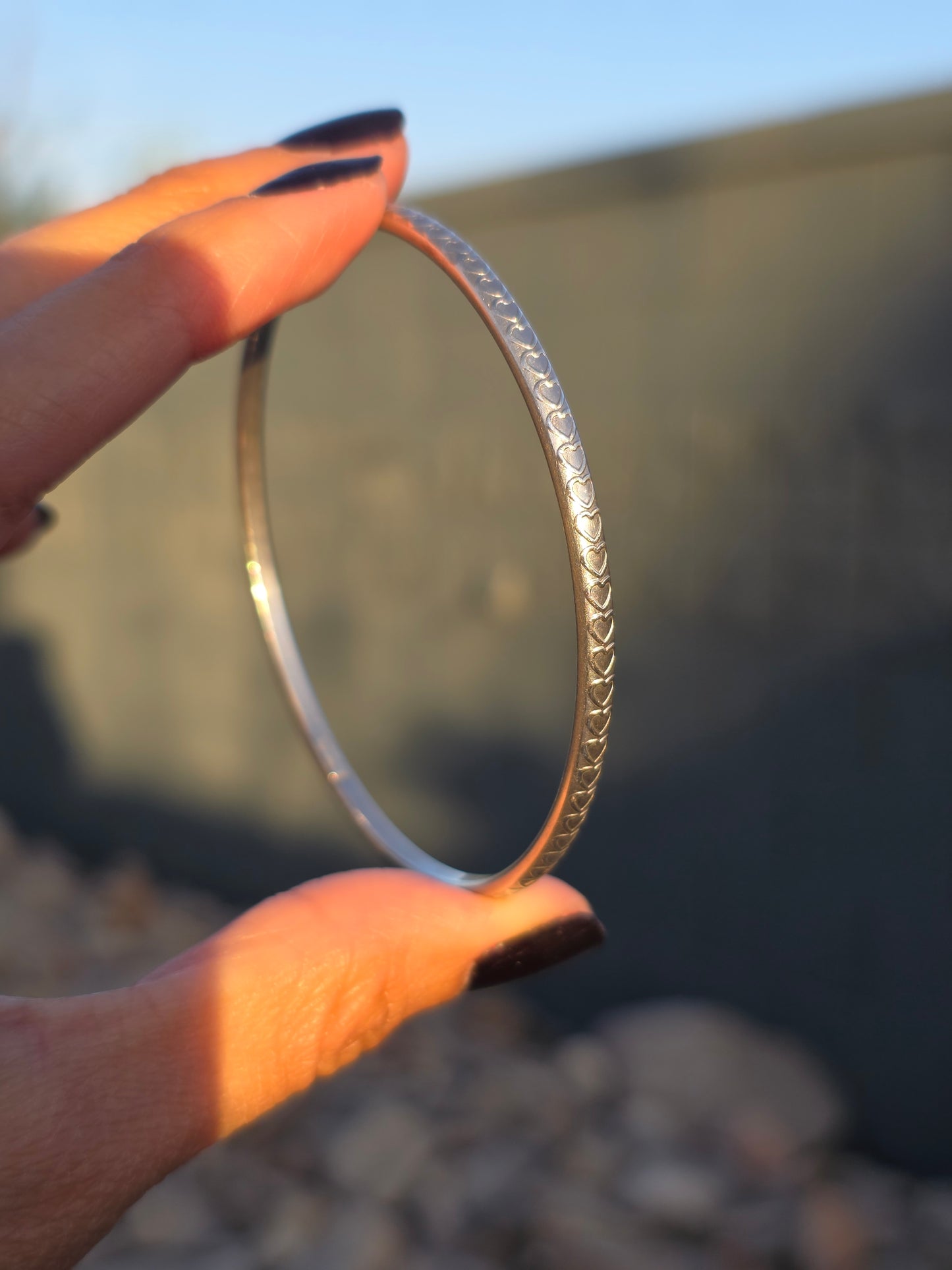 Solid Sterling Silver Heart Pattern Textured Skinny Bangle Bracelet