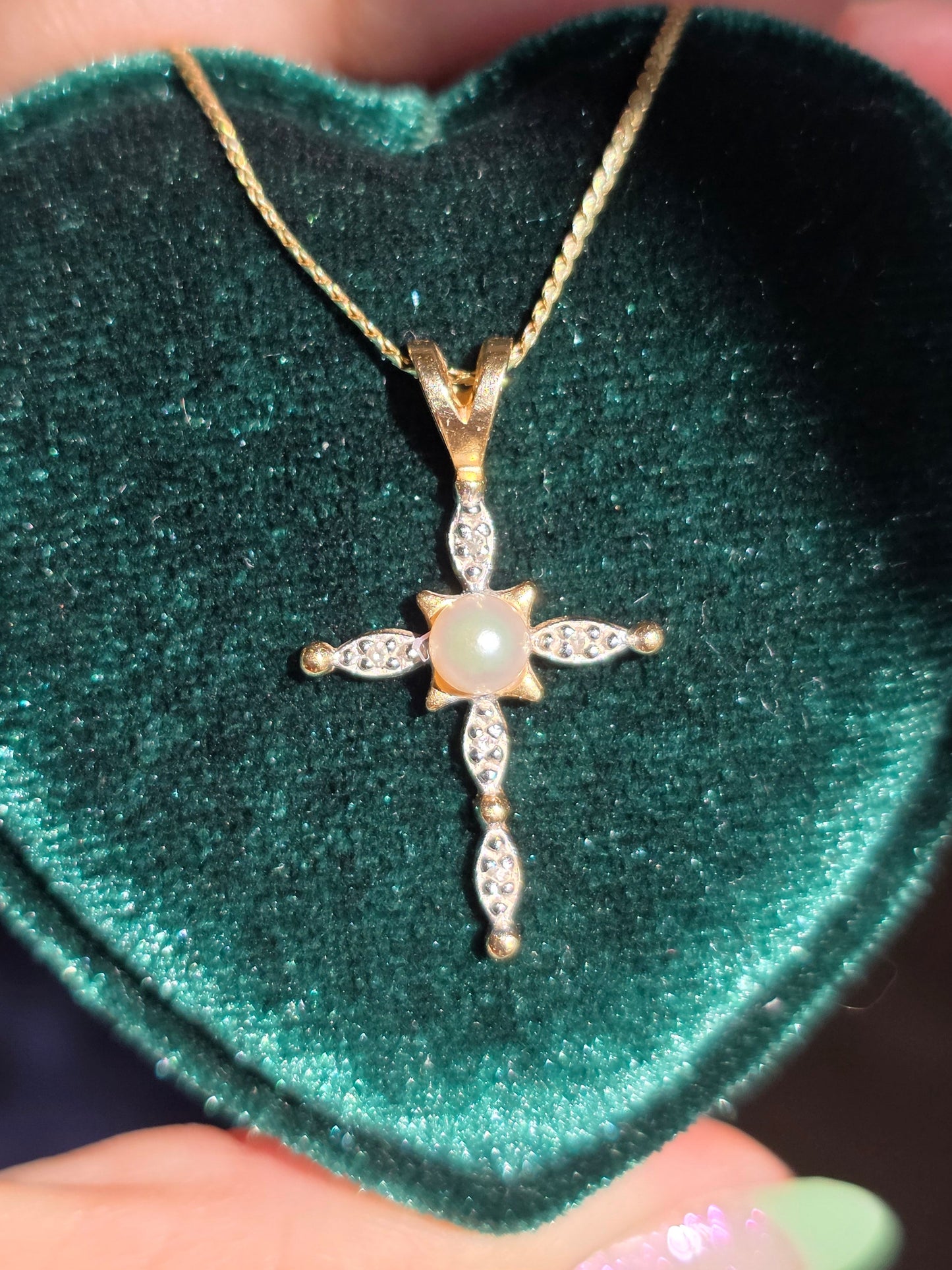 Pretty Pearl and Diamond 14k Gold Cross Pendant (NO CHAIN)