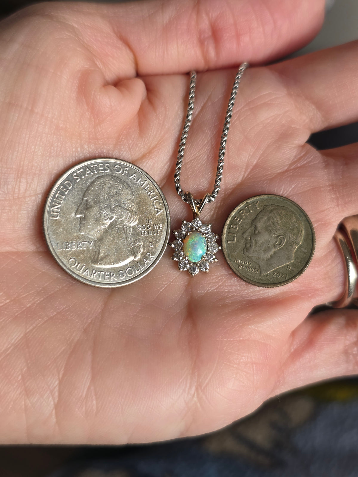 Gorgeous 14k White Gold .61TCW Opal Diamond Dainty Pendant (Optional 925 Chain)