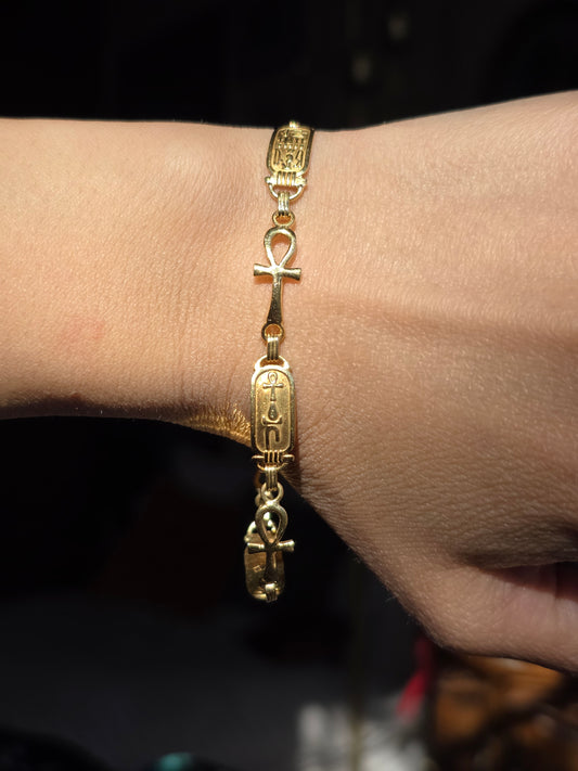 Solid 18k Gold Egyptian Cartouche & Ankh Cross Panel Bracelet 7.5"