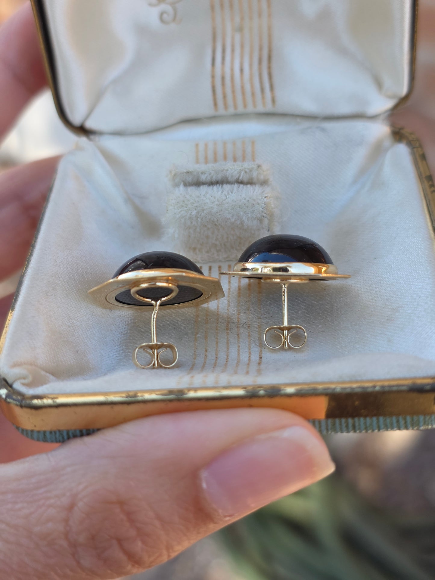 Geometric 14k Gold Onyx Cabochon Statement Button Earrings