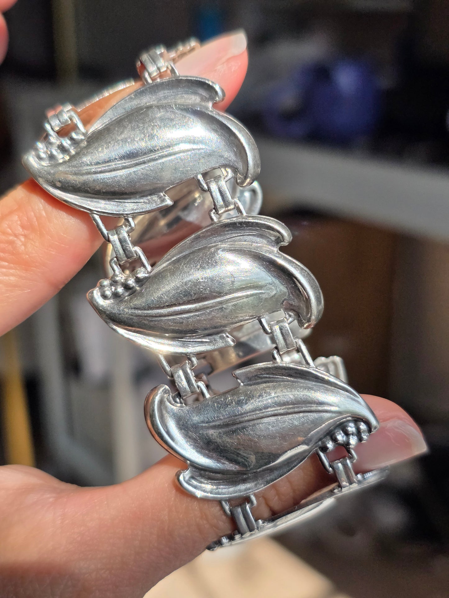 Vintage Sterling Silver Leaf Panel Large Statement Bracelet 6.5"