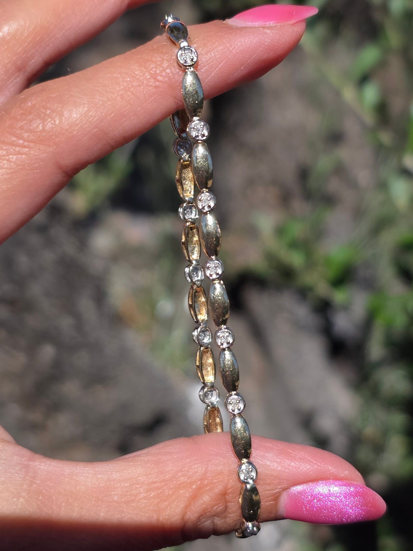 Pretty 10k Gold Marquise Link & Round Diamond Accented Tennis Bracelet 7.5"