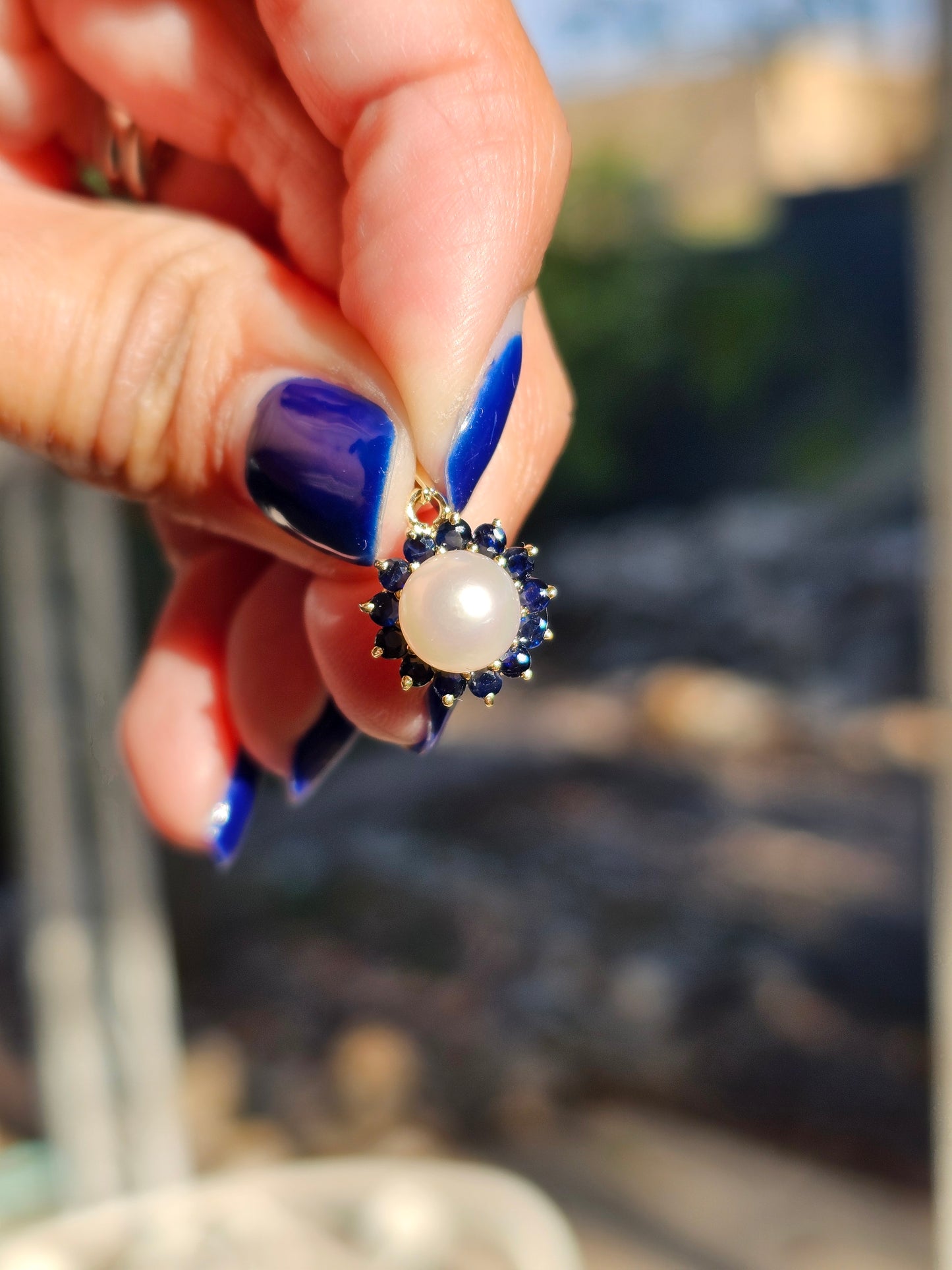 14k Pearl Sapphire Halo Pendant (NO CHAIN)