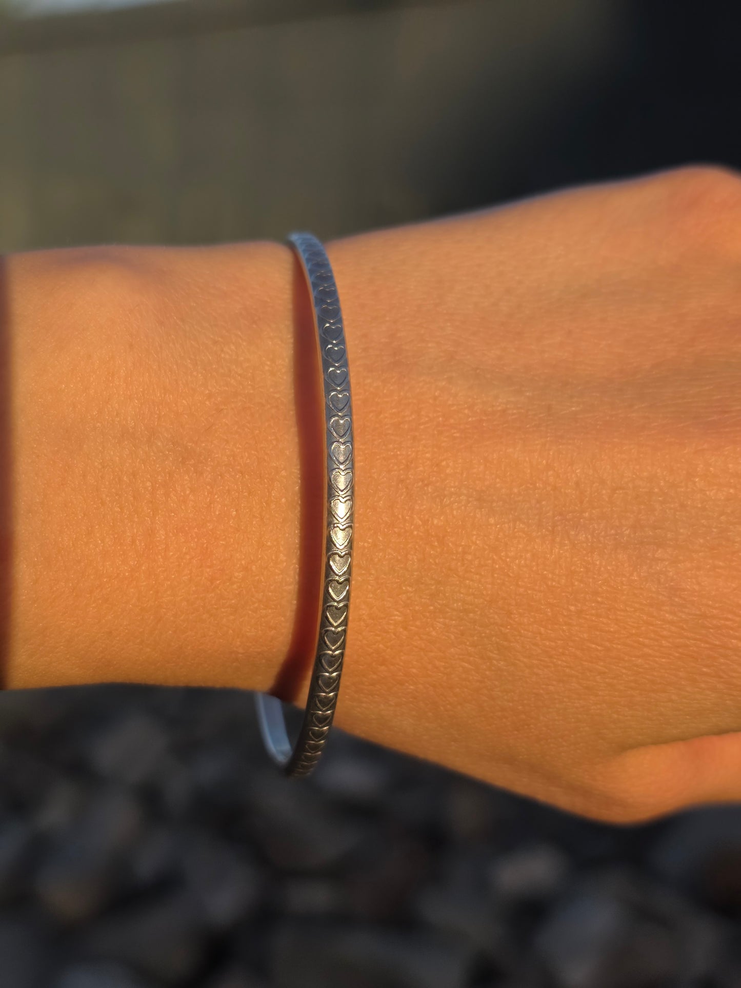 Solid Sterling Silver Heart Pattern Textured Skinny Bangle Bracelet