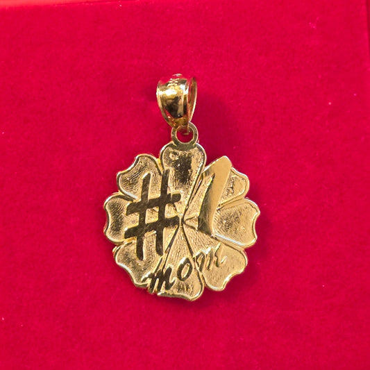 14k Gold "#1 Mom" Round Flower Medallion Pendant (NO CHAIN)