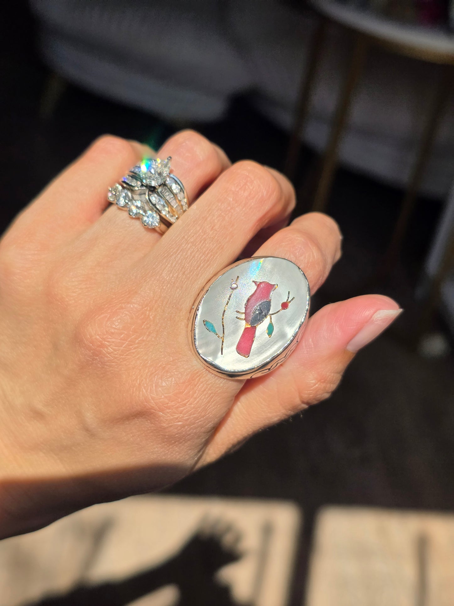 Amazing Solid Sterling Silver Heavy 1 OZ+ Gemstone Inlay Southwestern Style Bird Oval Signet Statement Ring Size 10.5