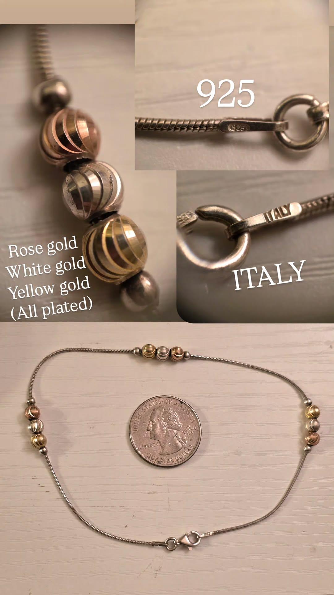 Italian Sterling Silver Snake Chain With Textured Gold Plated Beads Anklet or Larger Bracelet 10"