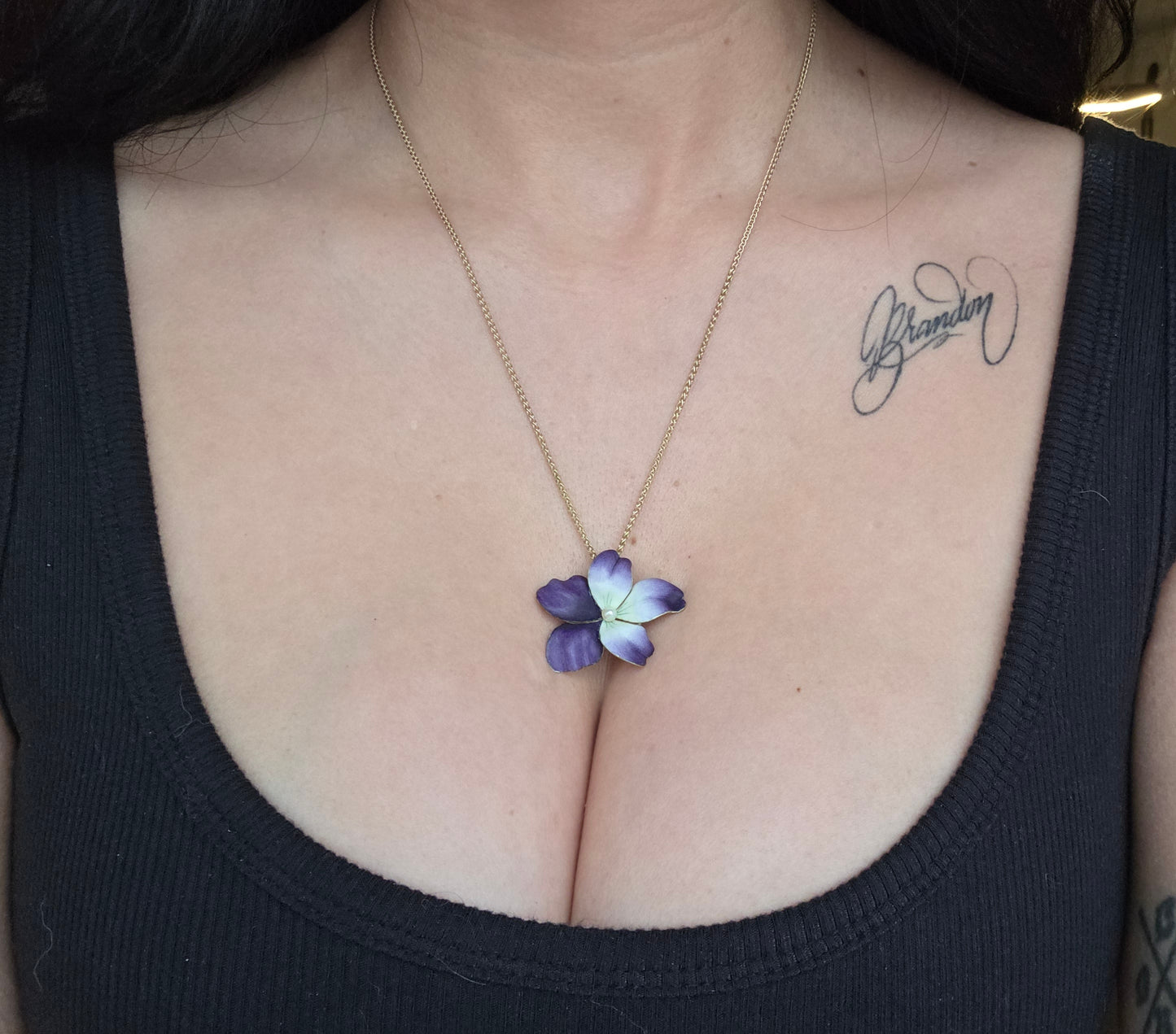 Gorgeous Violet & White Enamel 14k Gold Pearl Flower Slider Pendant (NO CHAIN)