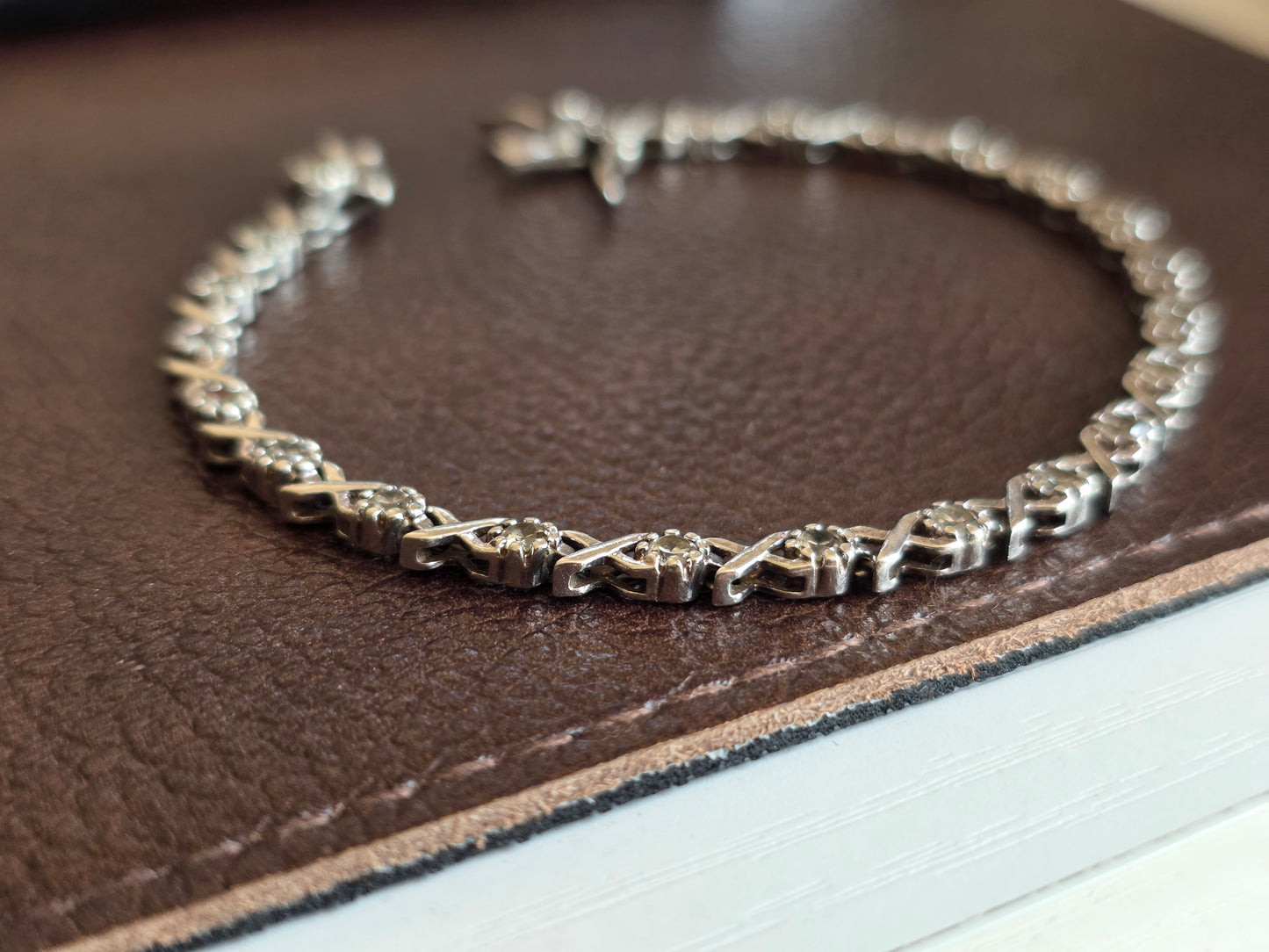 Solid 925 Sterling Silver CZ Stone X Link Tennis Bracelet 7.25"