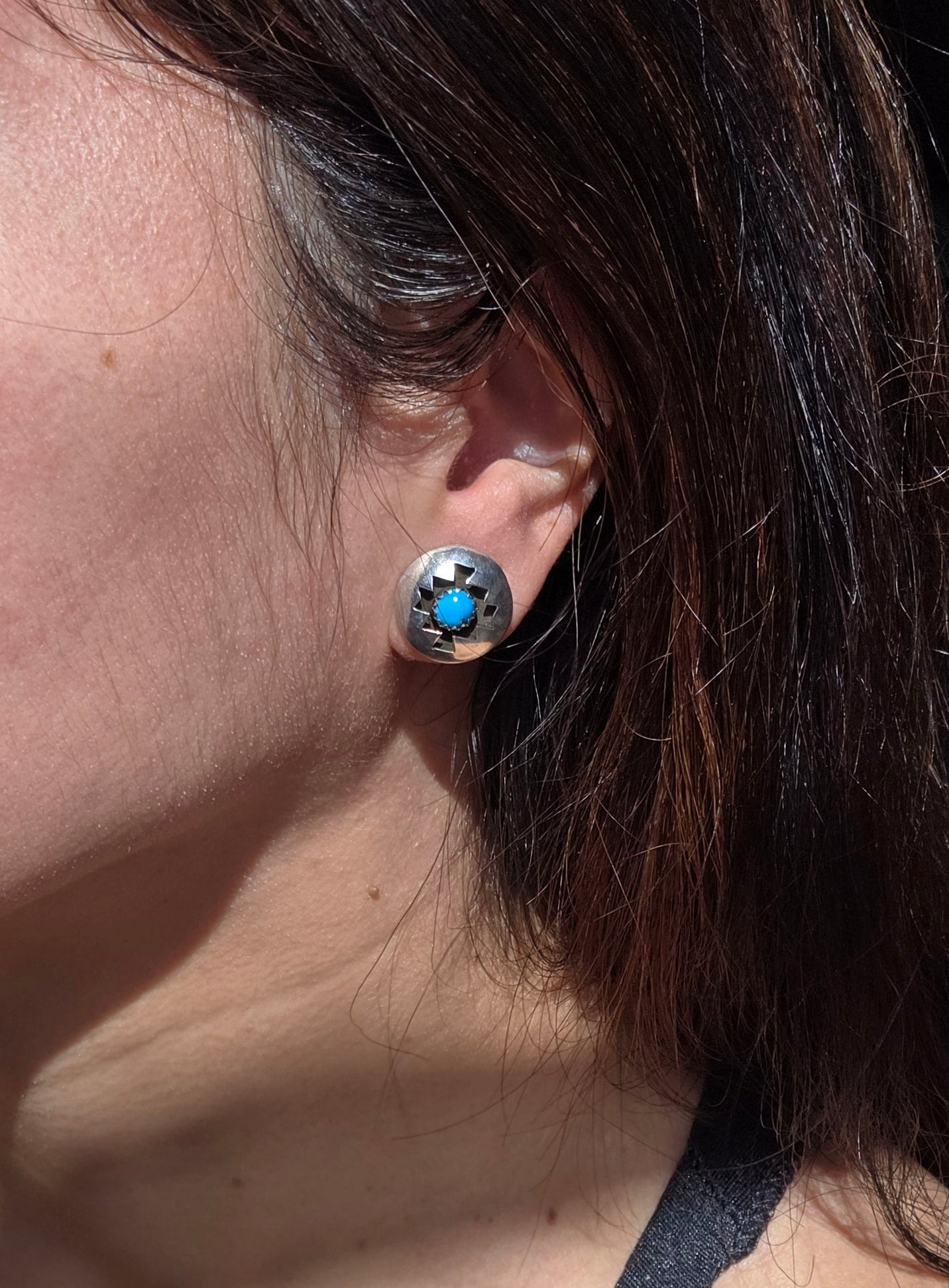 Sterling Silver Navajo Style ShadowBox Turquoise Round Button Stud Earrings