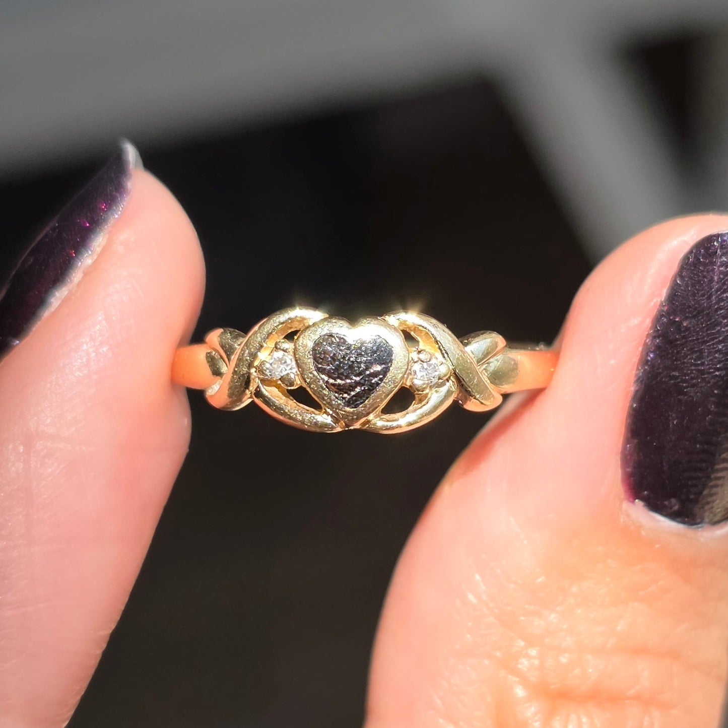 Adorable 14k Kabana Black Enamel Heart Diamond Ring Size 6