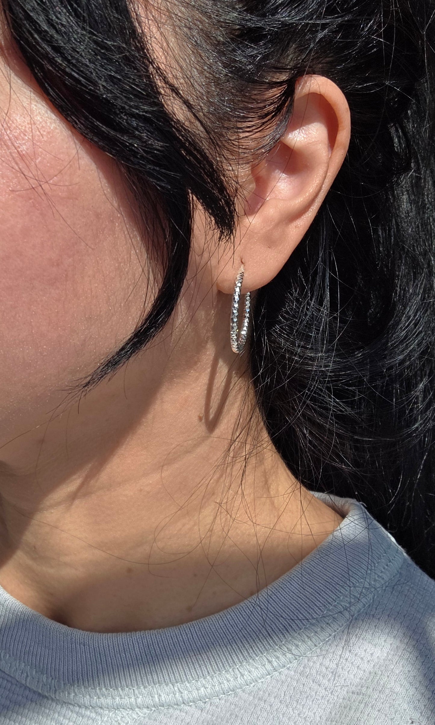 Medium 24mm Textured Sparkling Sterling Silver Hoops Earrings