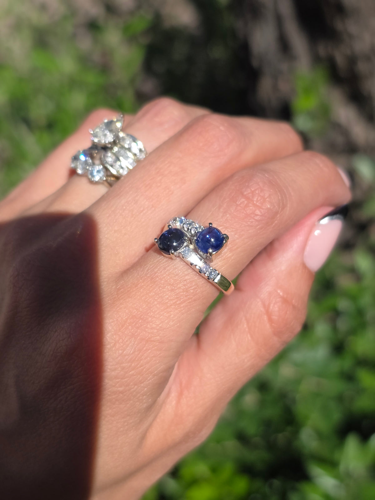 Gorgeous 18k White Gold 2.04TCW Natural Sapphire Cabochon & Diamond Bypass Statement Ring Size 4.75