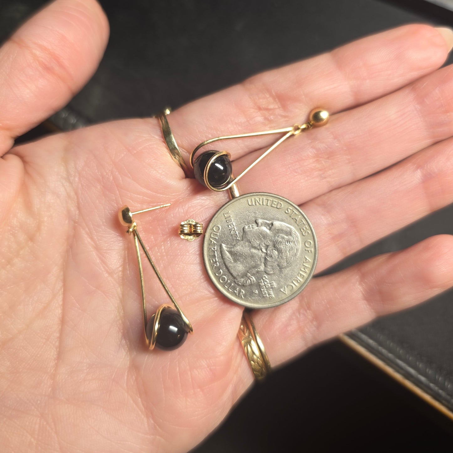 Elegant 14k Gold And Onyx Bead Dangle Teardrop Earrings