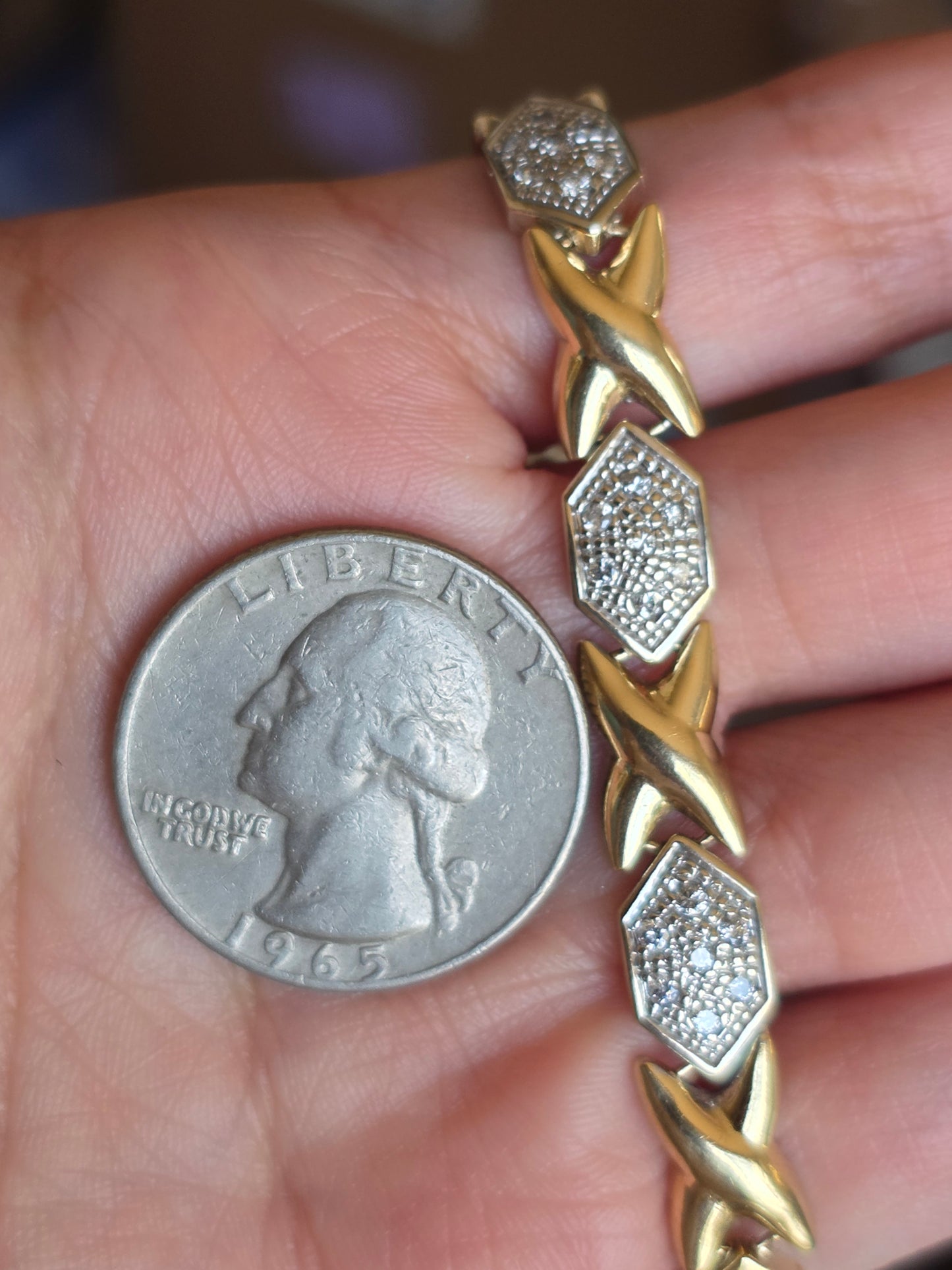 Amazing Two Toned 14k X Link Elongated Hexagon White Gold and Diamond Bracelet 7.5"