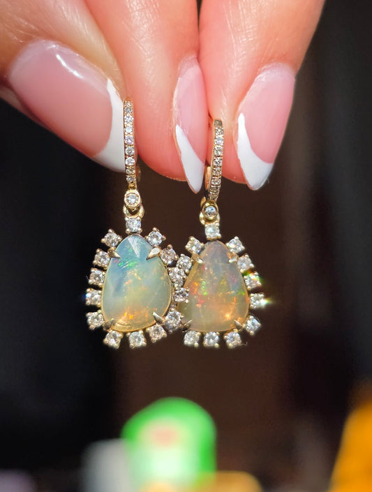 Stunning 14k Gold Faceted Opals Diamond Dangle Earrings