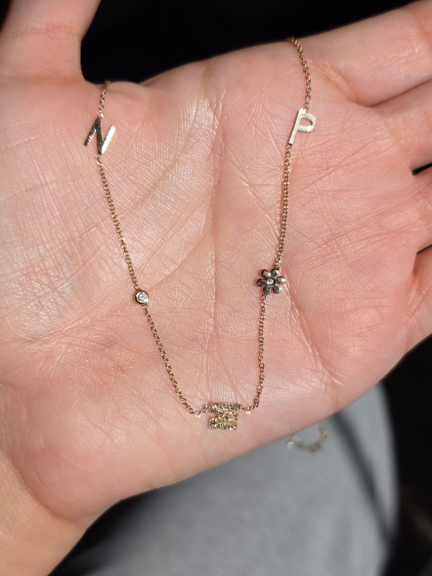 Lovely 14k Gold "NMP" Initial Station Diamond Flower / Bezel Diamond Necklace 16"/18"