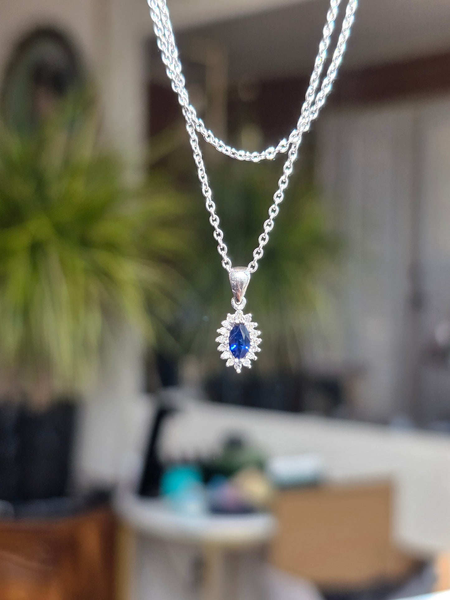 Beautiful Dainty White Gold Sapphire Diamond Pendant With Solid White Gold Cable Link Chain 16" 14k/10k