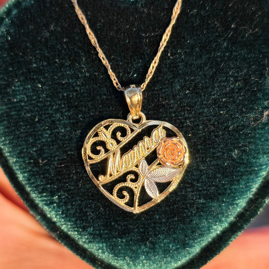 Pretty Tri Tone  10k "Mama" Heart With Rose Pendant (NO CHAIN)
