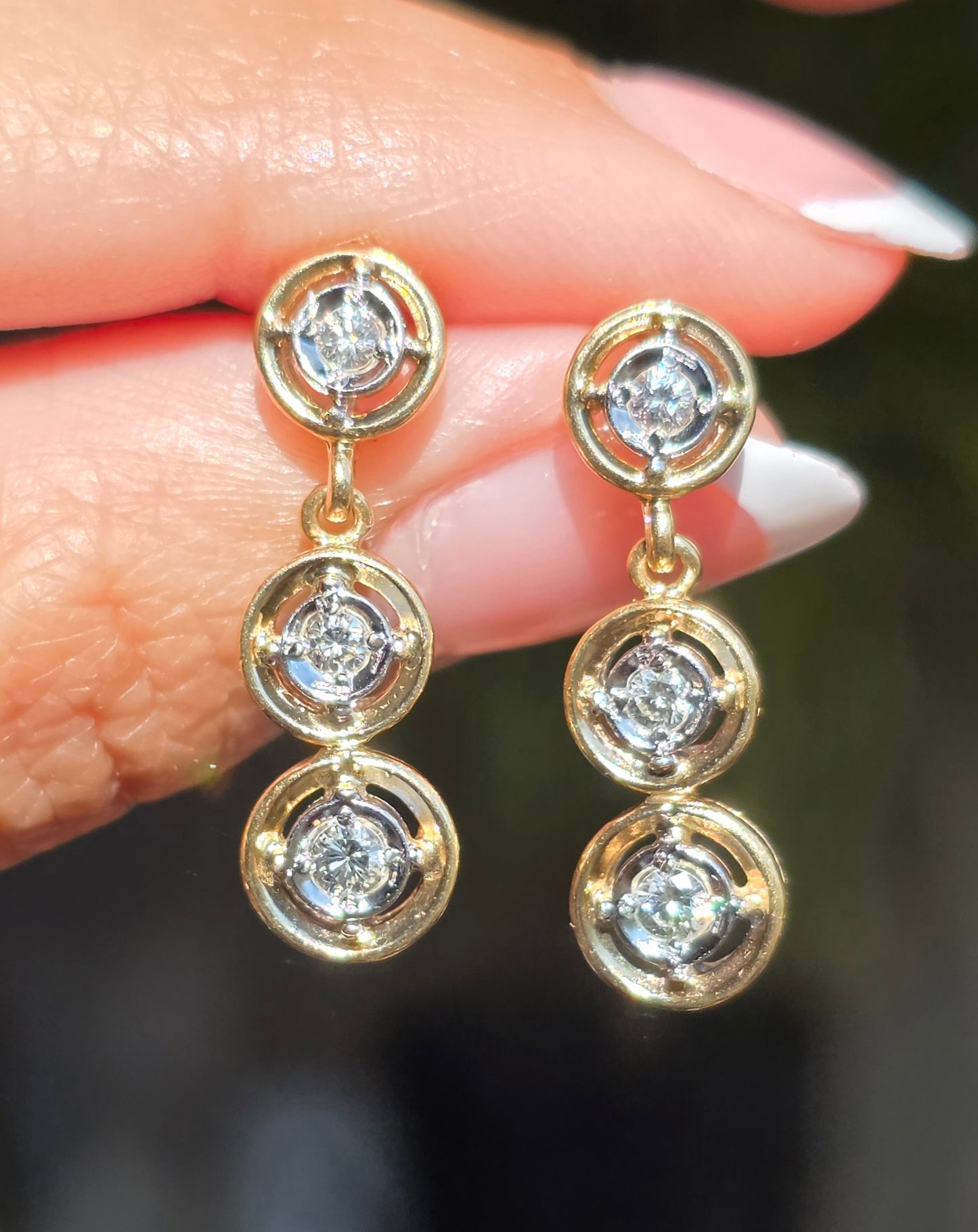 Vintage Inspired 14k Graduated Three Tier Circle Bezel Diamond Drop Dangle Earrings