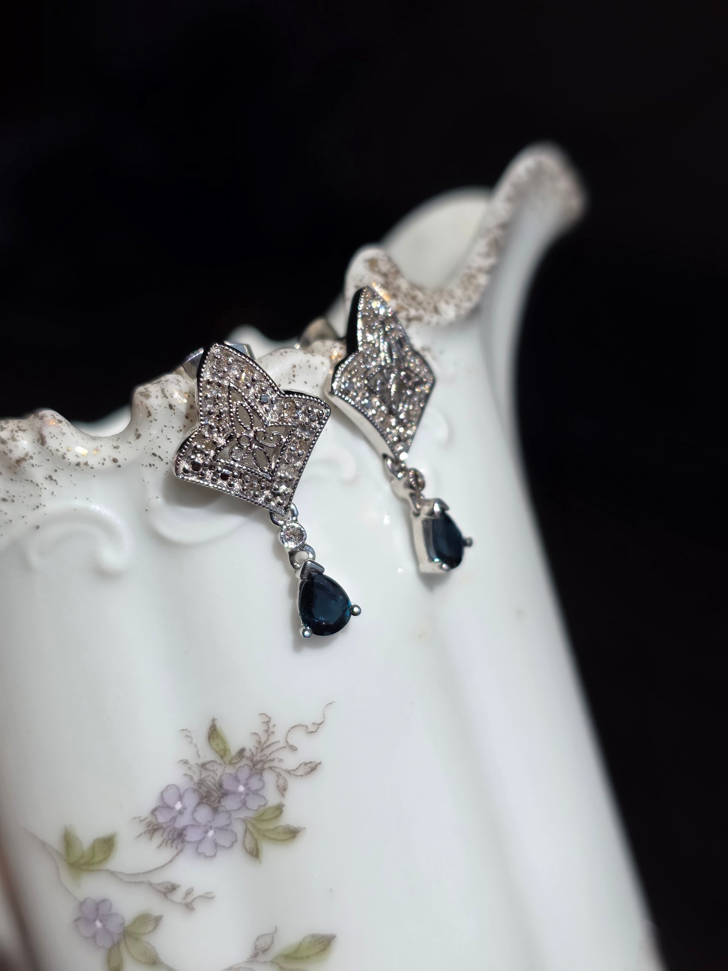 Beautiful Vintage Art Deco Style  10k White Gold .65TCW Sapphire Diamond Dangle Earrings