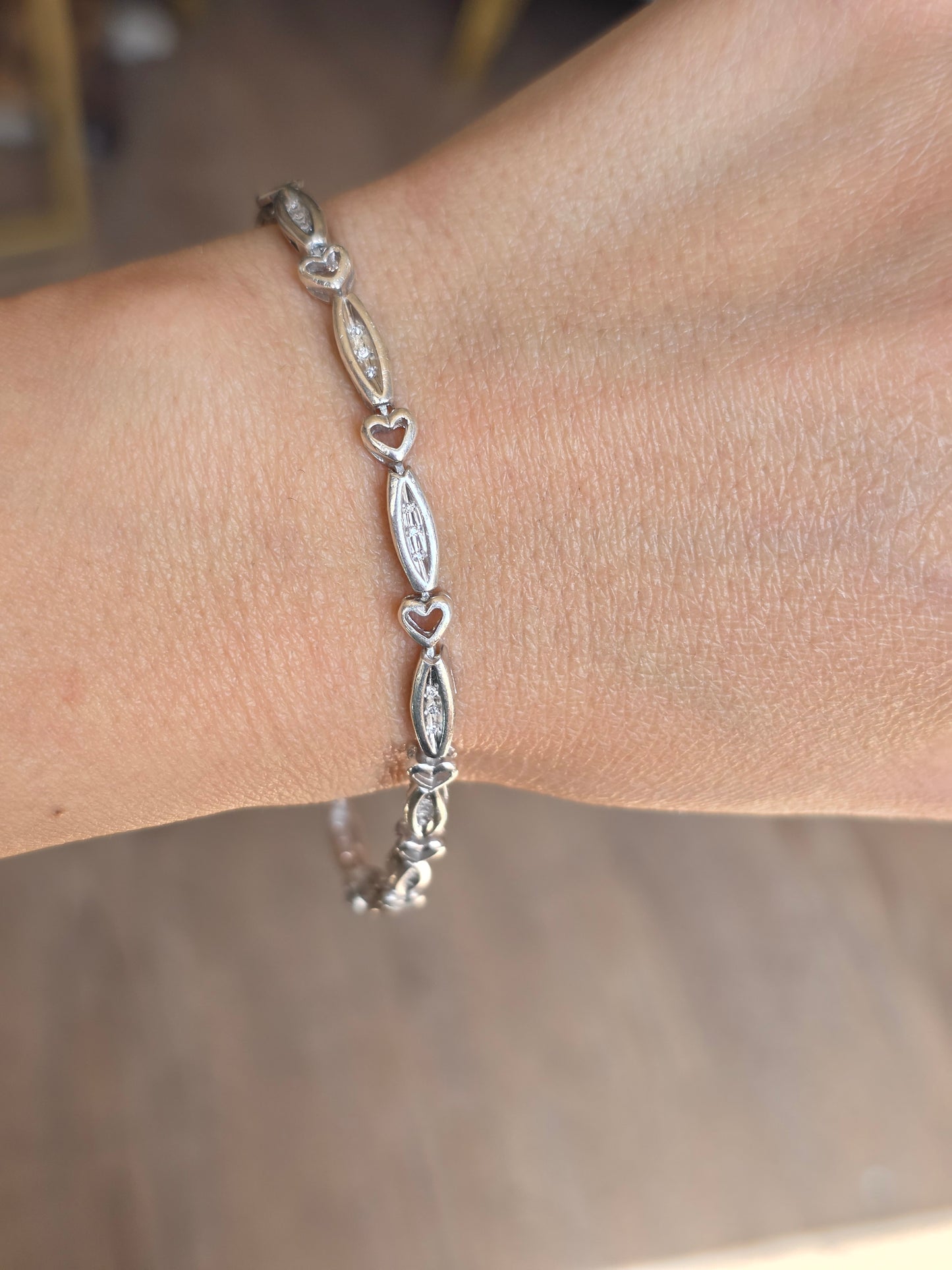 Pretty Sterling Silver Open Heart & Marquise Link Diamond Accented Tennis Bracelet 7.75"