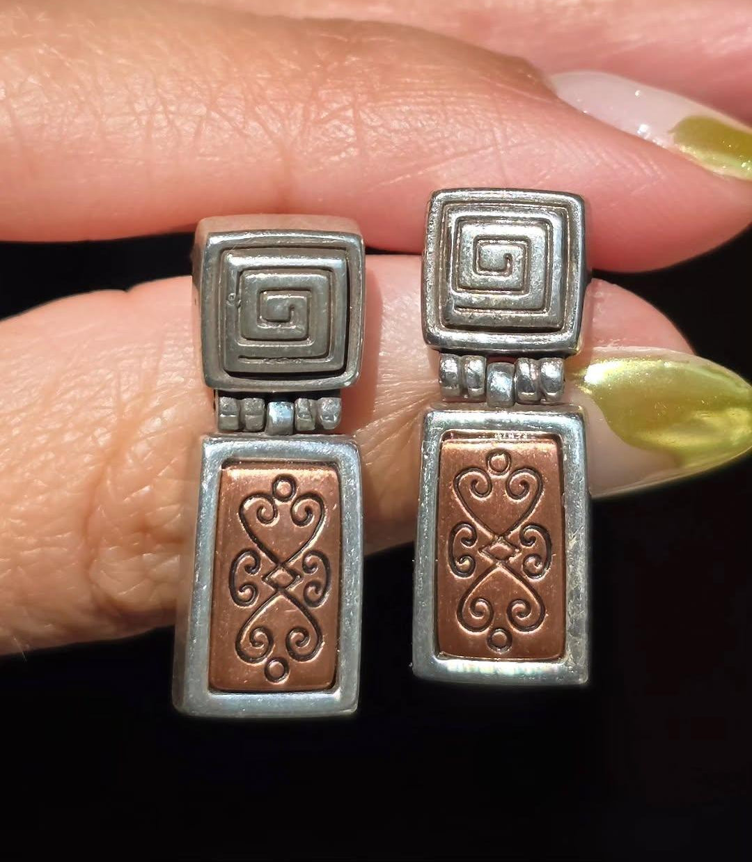 Vintage Heavy Sterling Silver & Copper Accented Scroll Drop Earrings