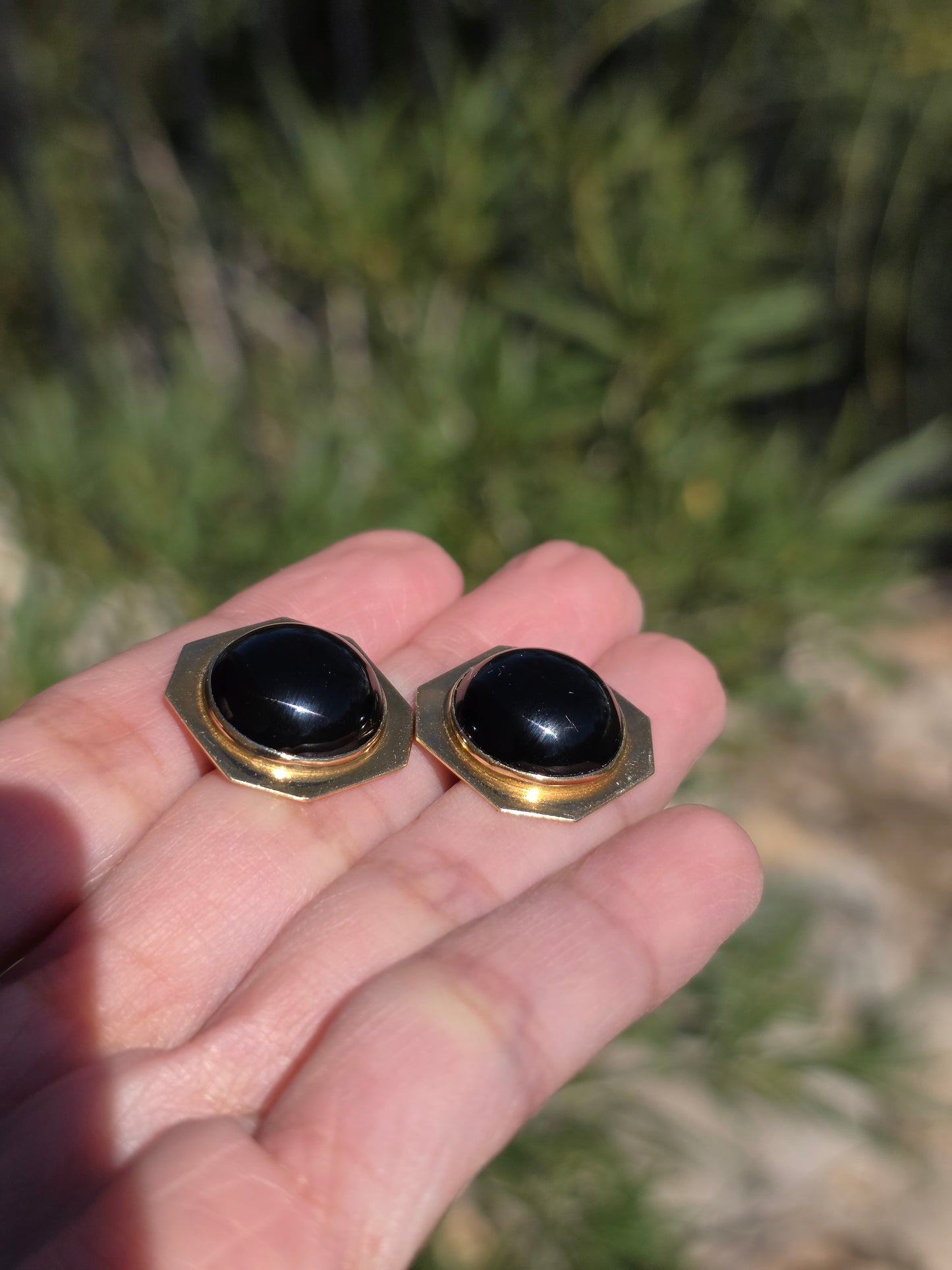 Geometric 14k Gold Onyx Cabochon Statement Button Earrings